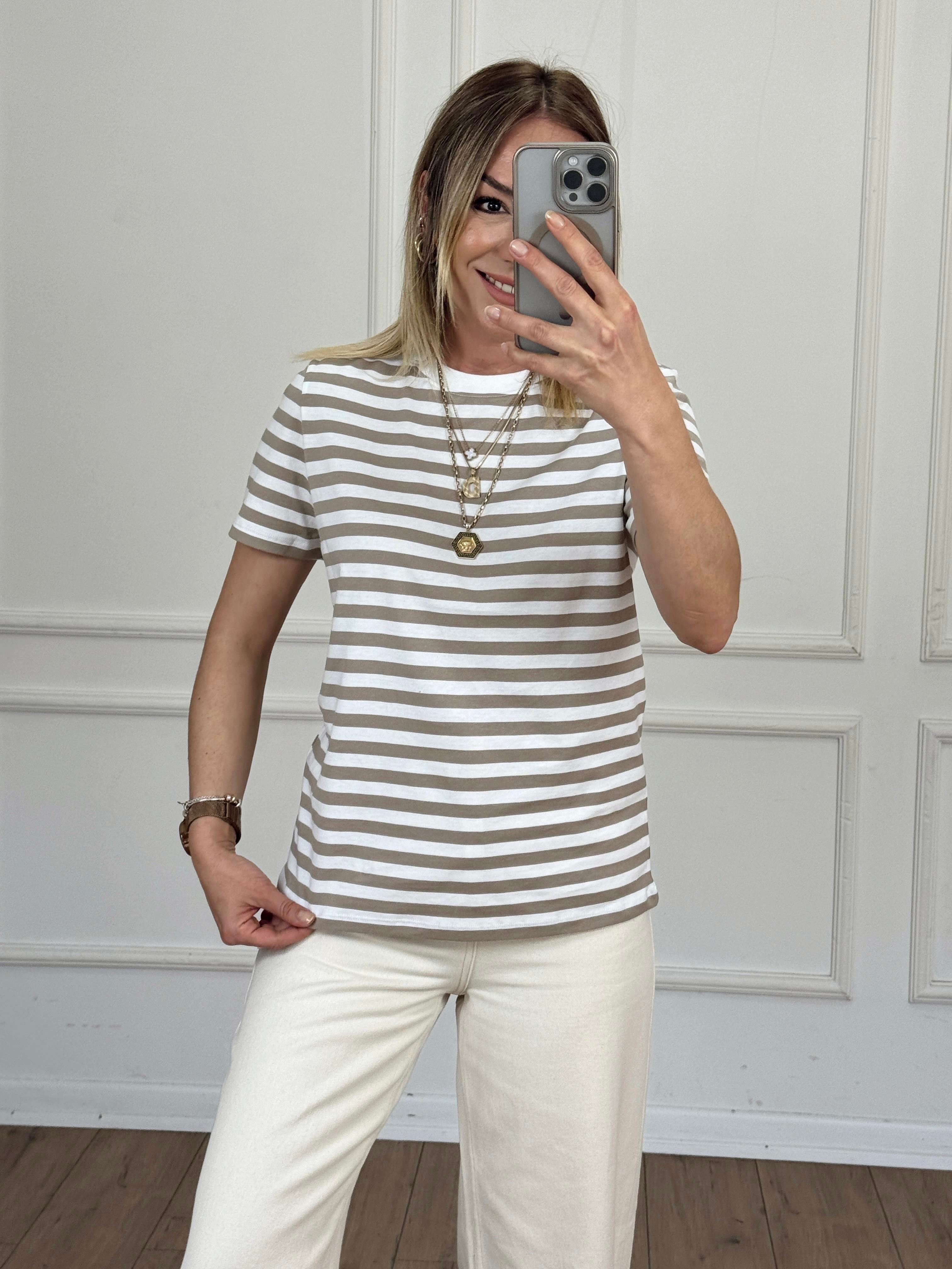 Çizgili Basic Tshirt BEJ