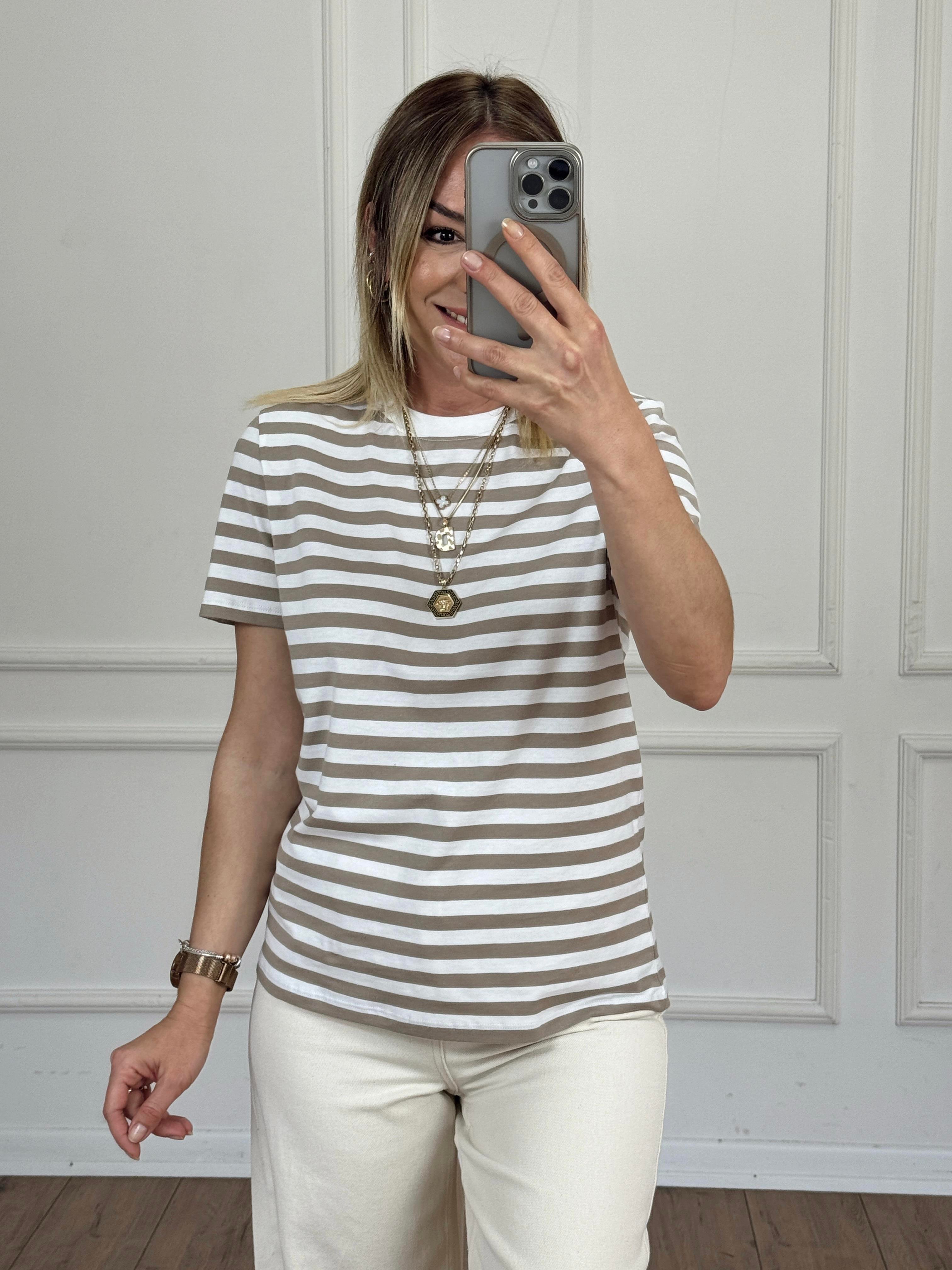 Çizgili Basic Tshirt BEJ