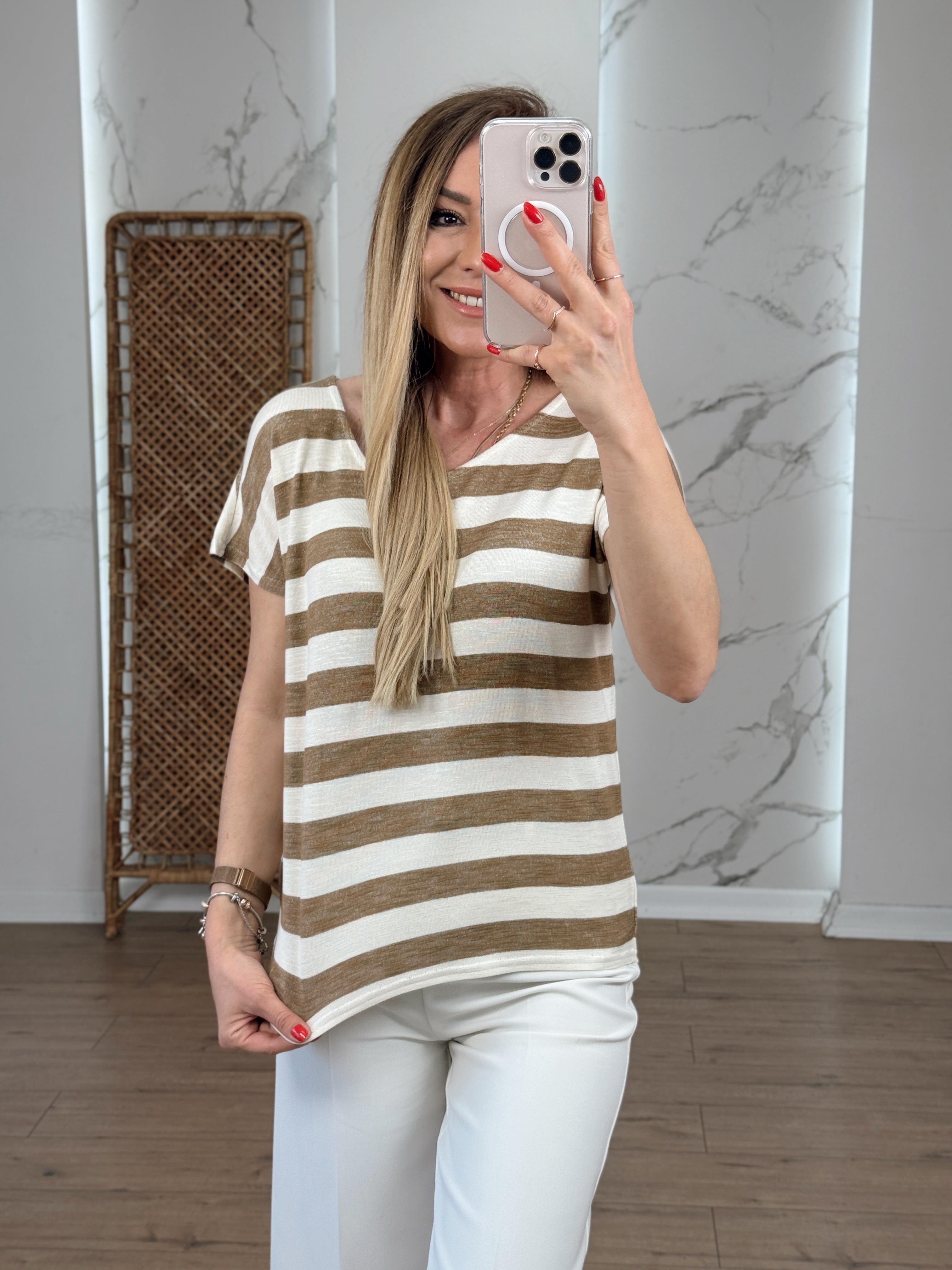 Çizgili Bisiklet Yaka Sıfır Kol Tshirt KAHVE