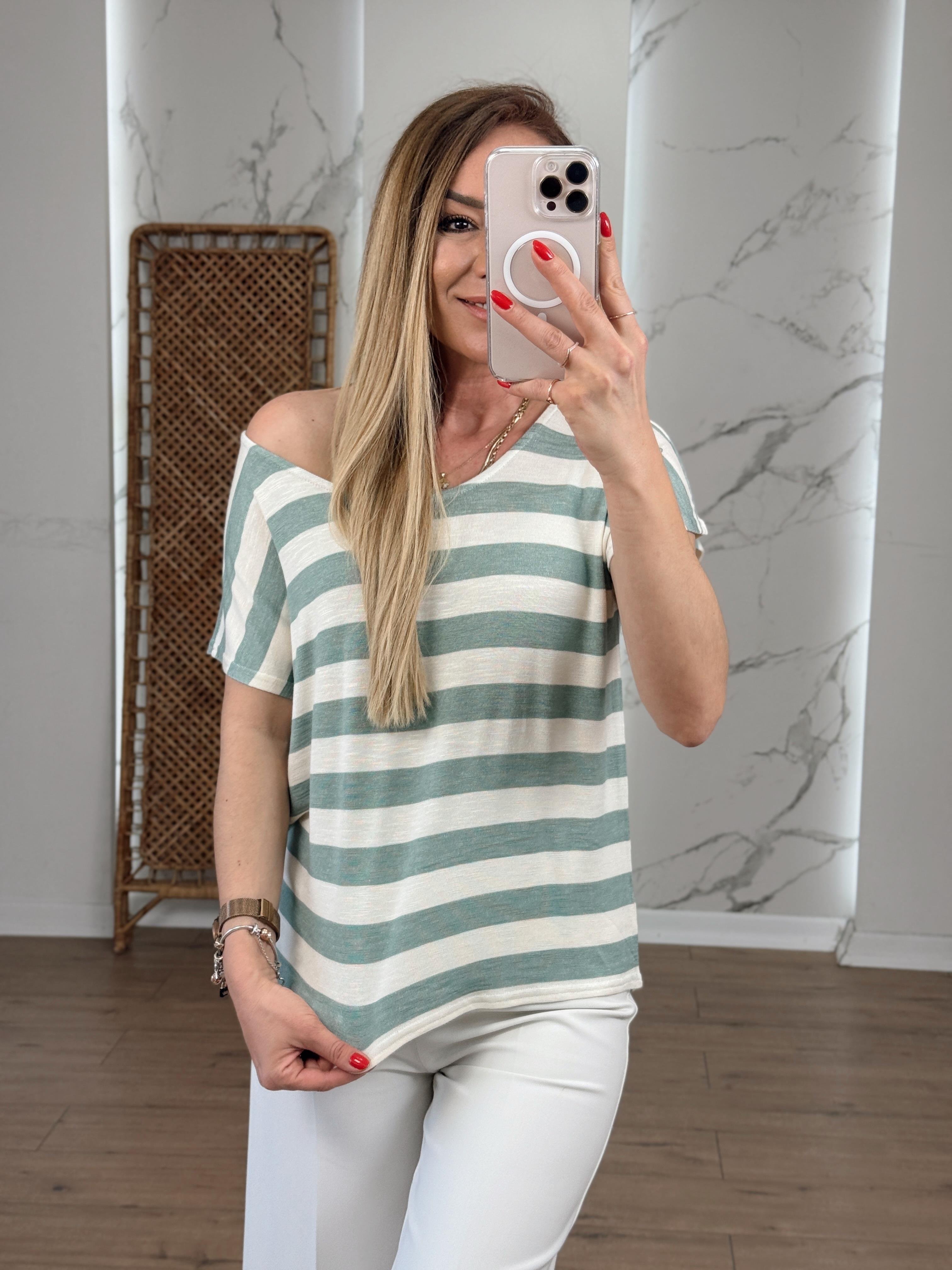 Çizgili Bisiklet Yaka Sıfır Kol Tshirt SU YEŞİLİ