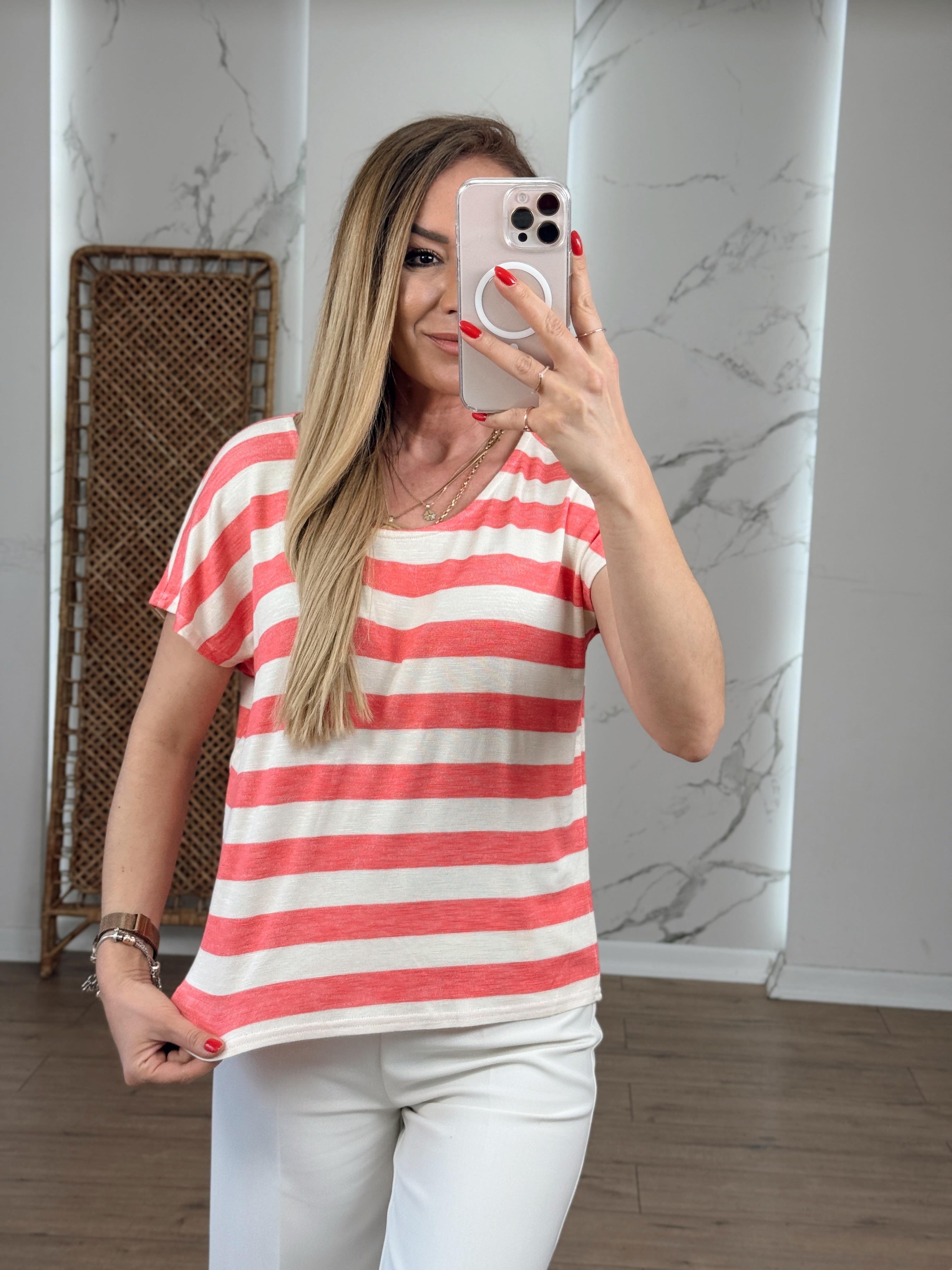 Çizgili Bisiklet Yaka Sıfır Kol Tshirt MERCAN