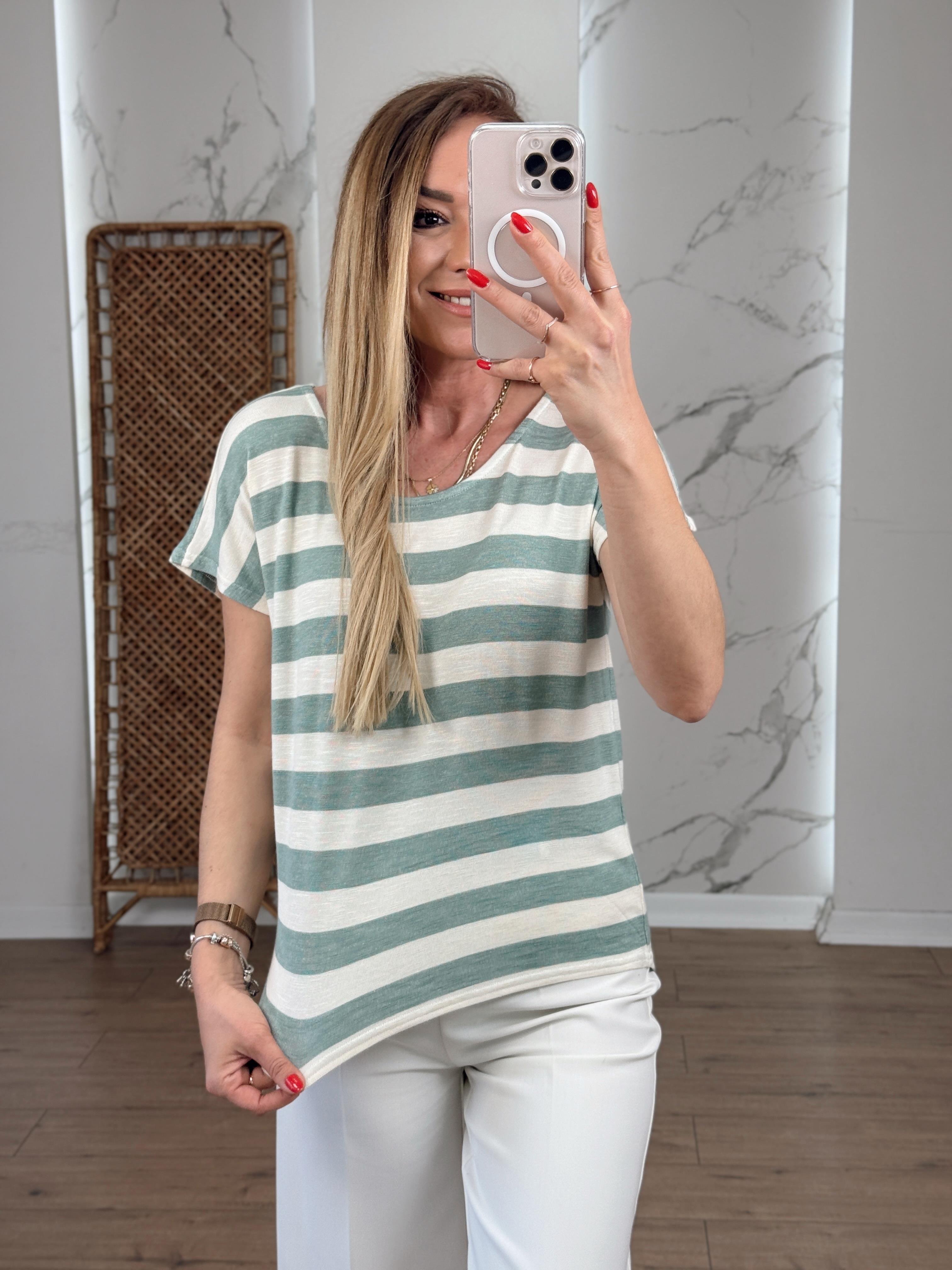 Çizgili Bisiklet Yaka Sıfır Kol Tshirt SU YEŞİLİ