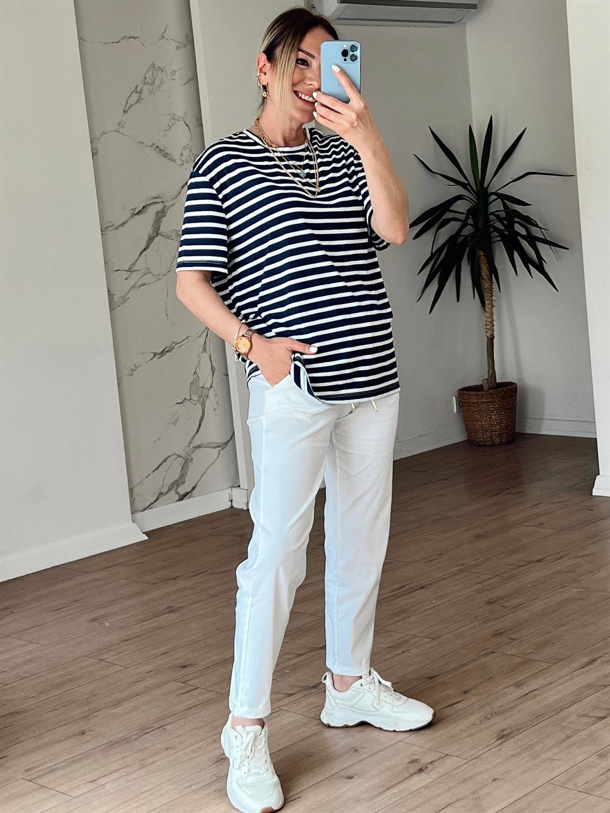 Çizgili Bisiklet Yaka Tshirt LACİVERT
