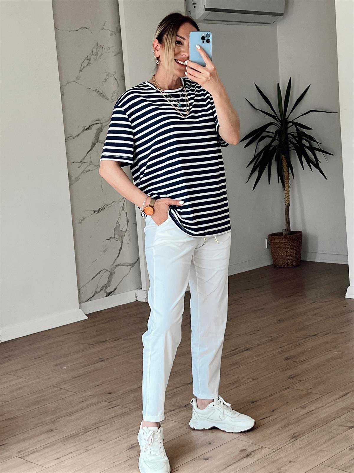 Çizgili Bisiklet Yaka Tshirt LACİVERT