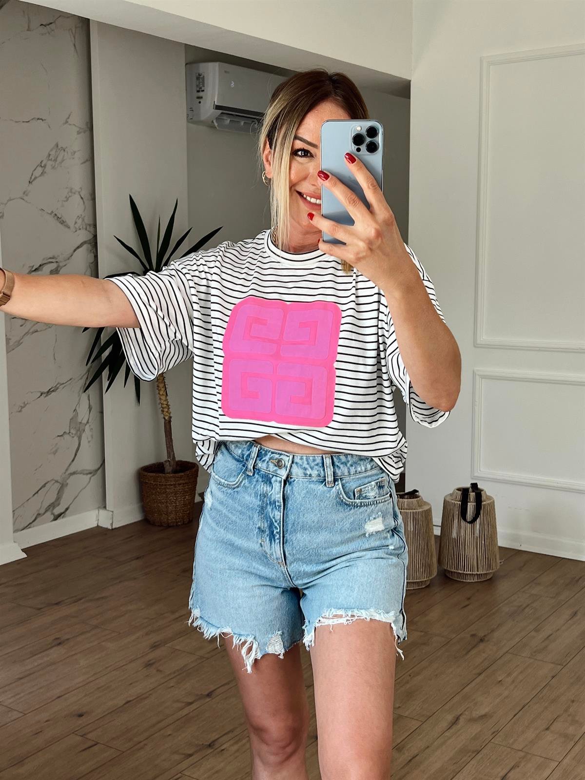 Çizgili Ön Baskılı Tshirt BEYAZ