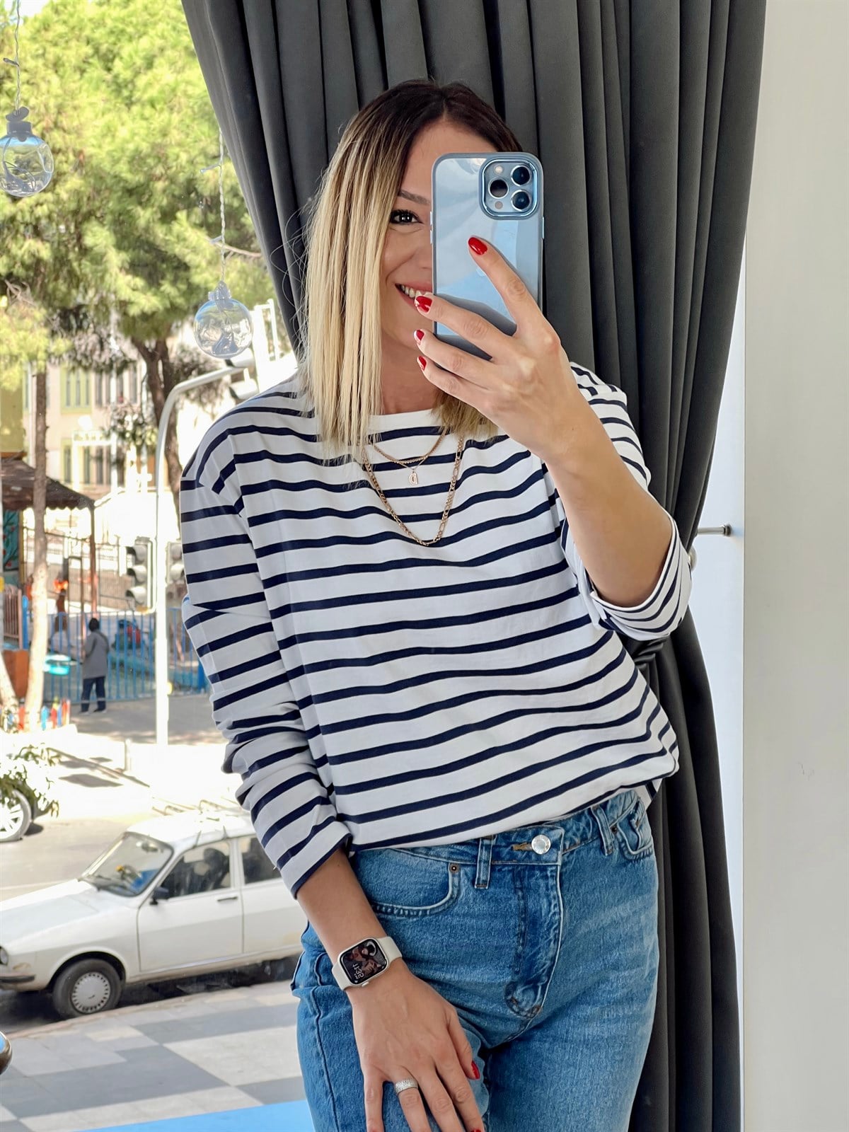 Çizgili Penye Bluz Lacivert