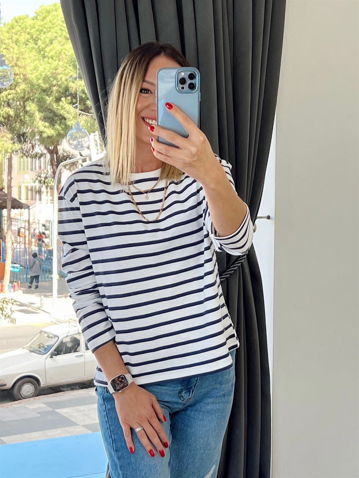 Çizgili Penye Bluz Lacivert