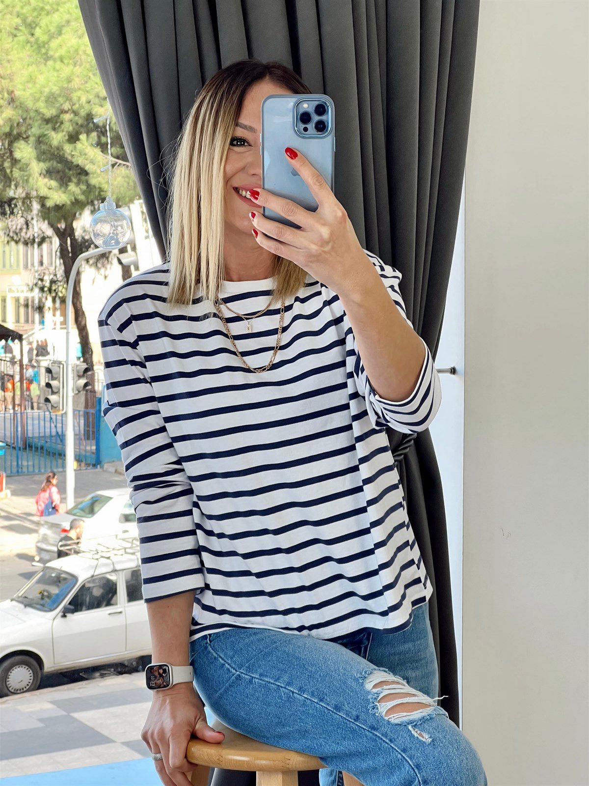 Çizgili Penye Bluz Lacivert
