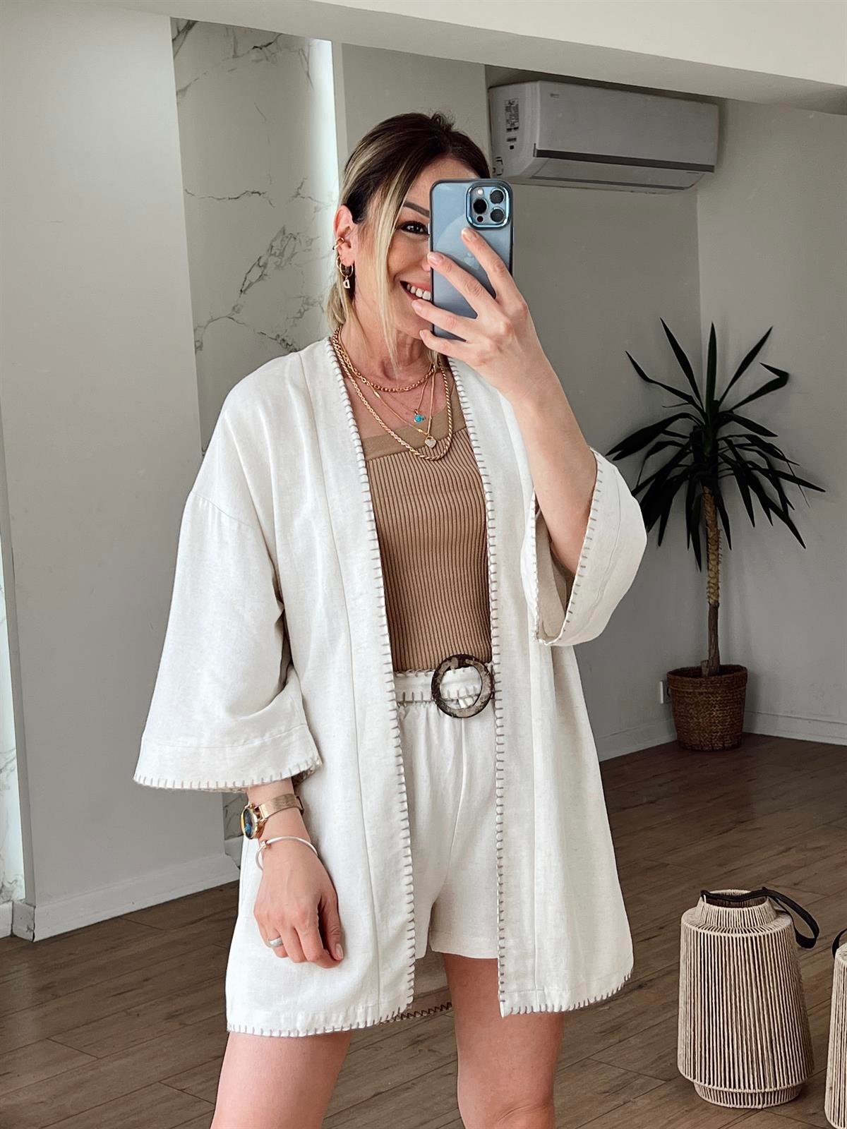 Çoban Dikiş Detaylı Kimono BEJ