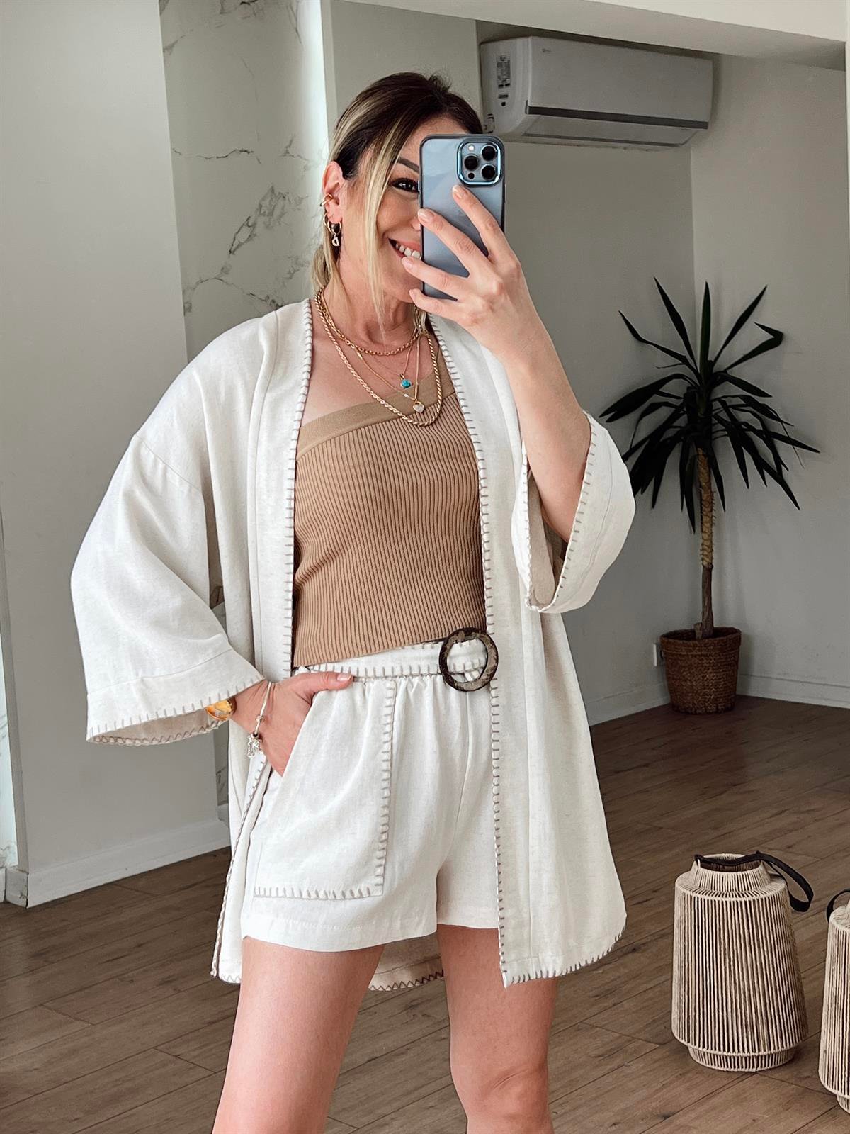 Çoban Dikiş Detaylı Kimono BEJ