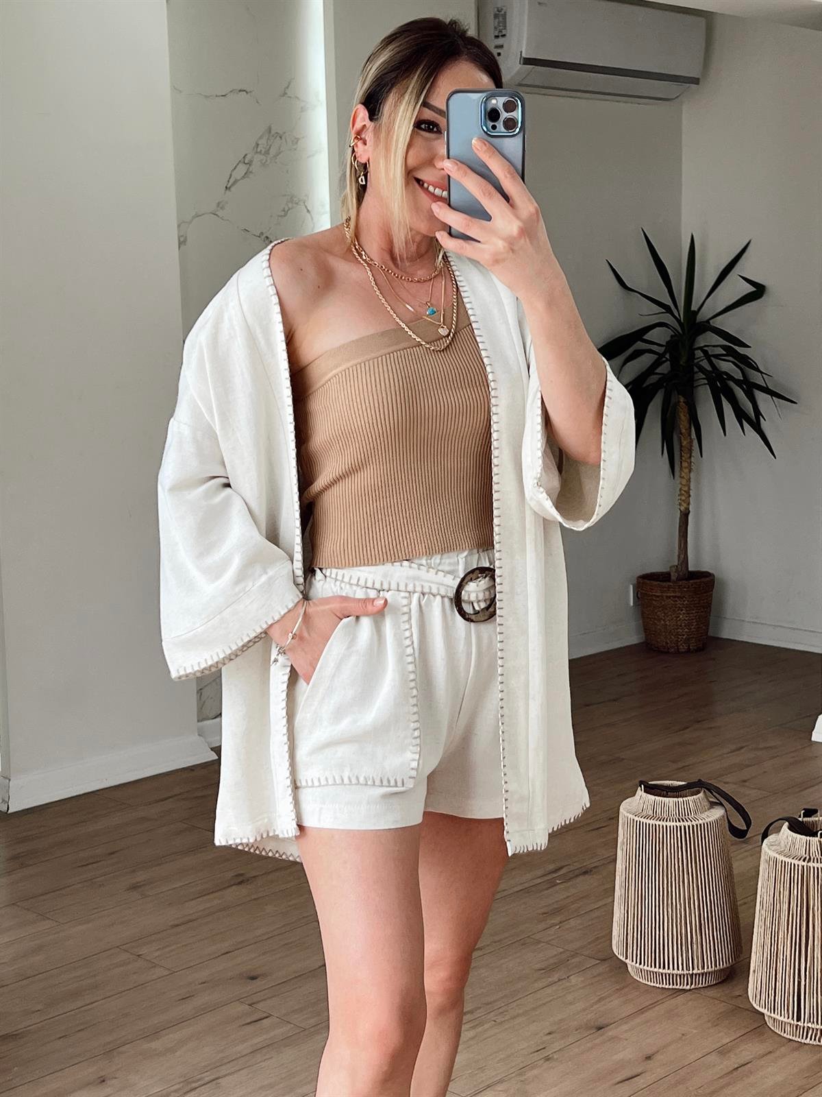 Çoban Dikiş Detaylı Kimono BEJ