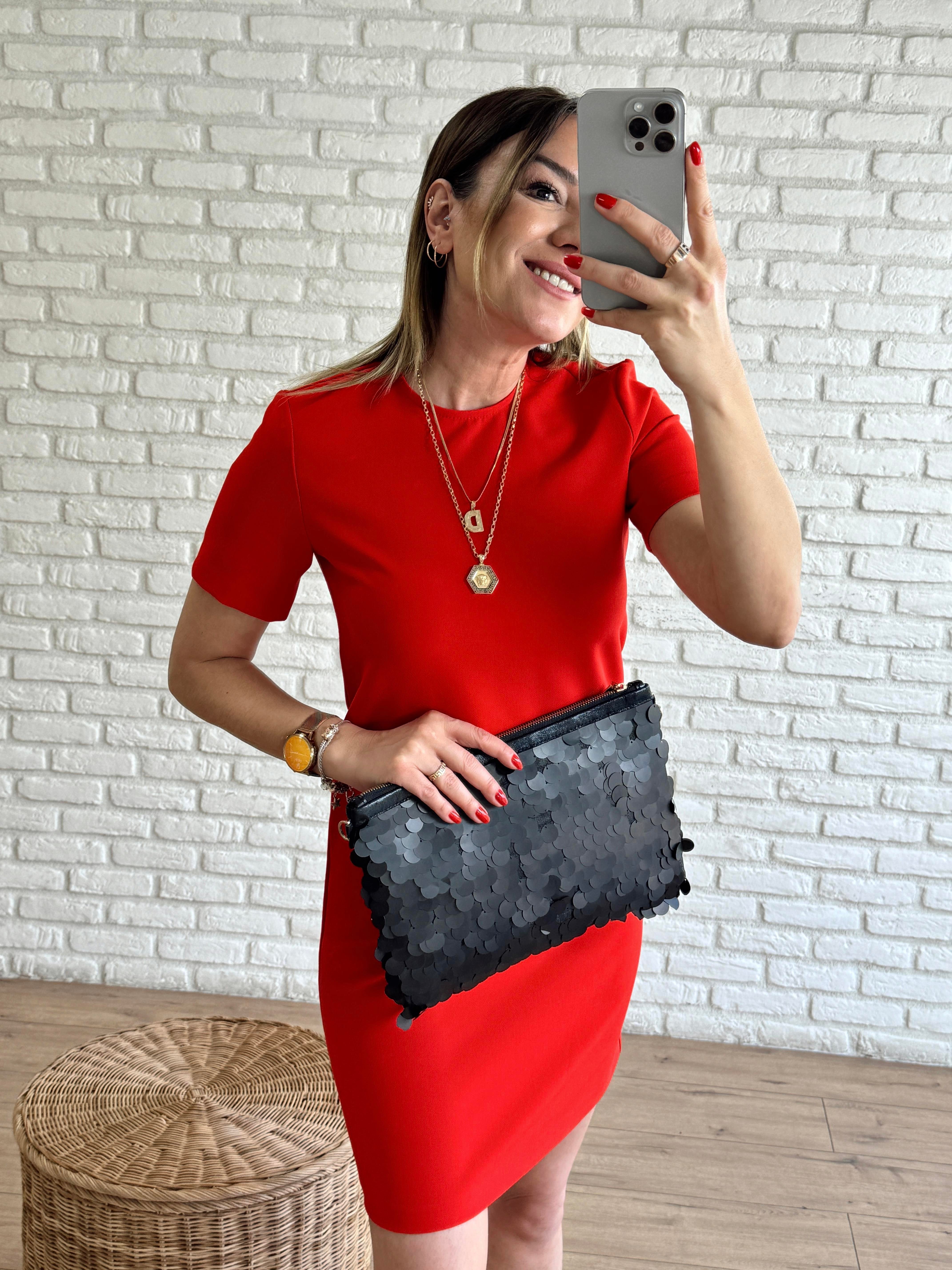 Dabıl Kumaş Bisiklet Yaka Kısa Kol Elbise KIRMIZI