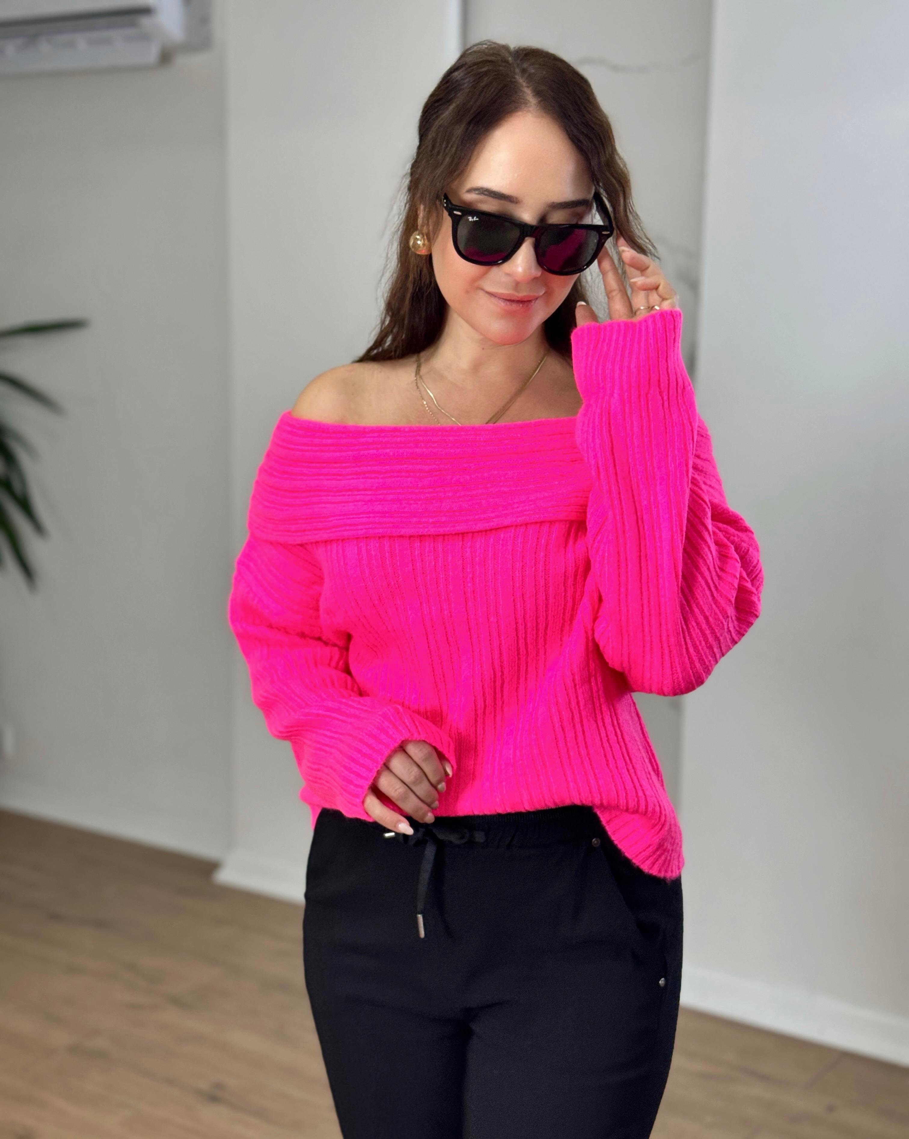 Degaje Yaka Kısa Kazak NEON PEMBE