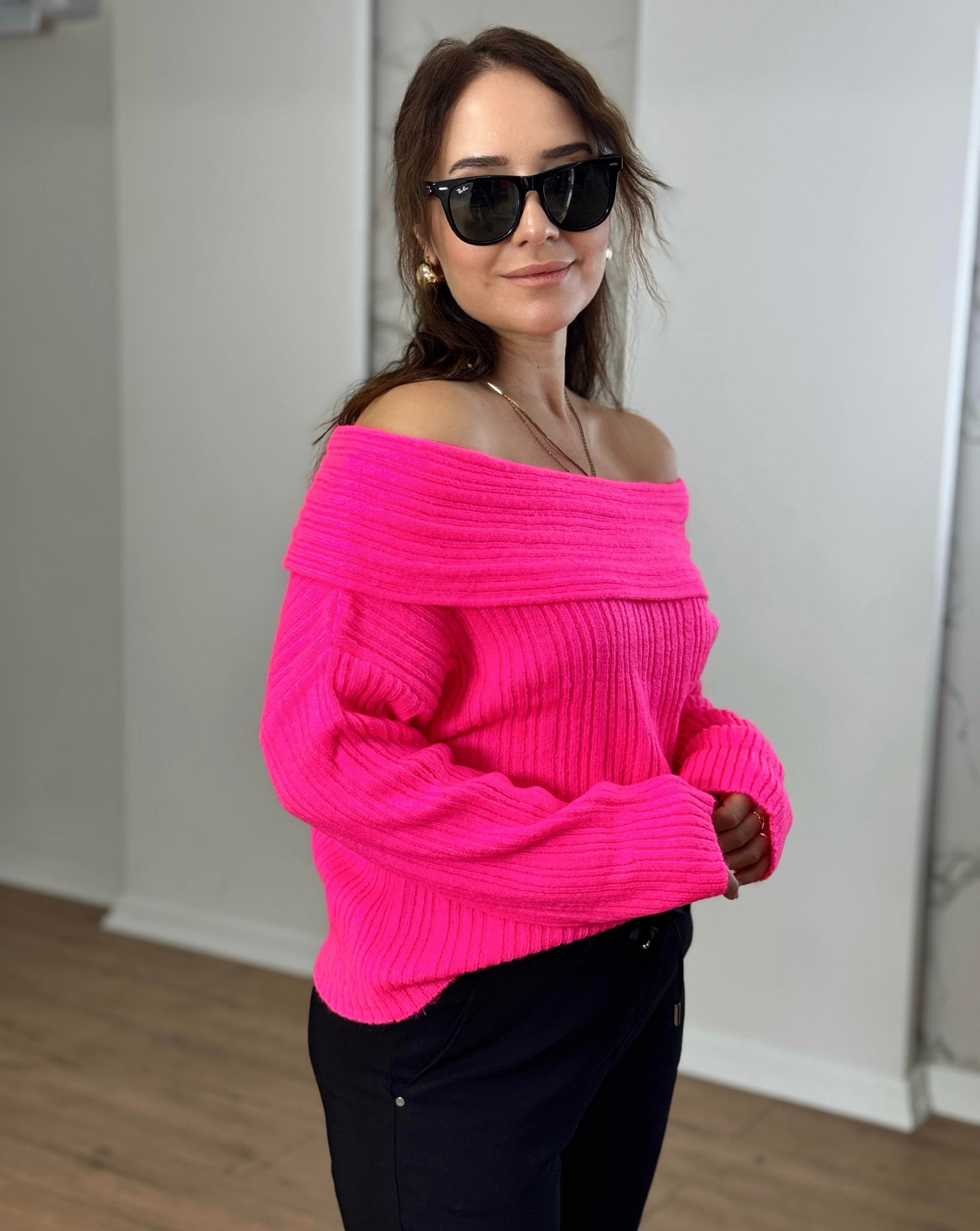 Degaje Yaka Kısa Kazak NEON PEMBE