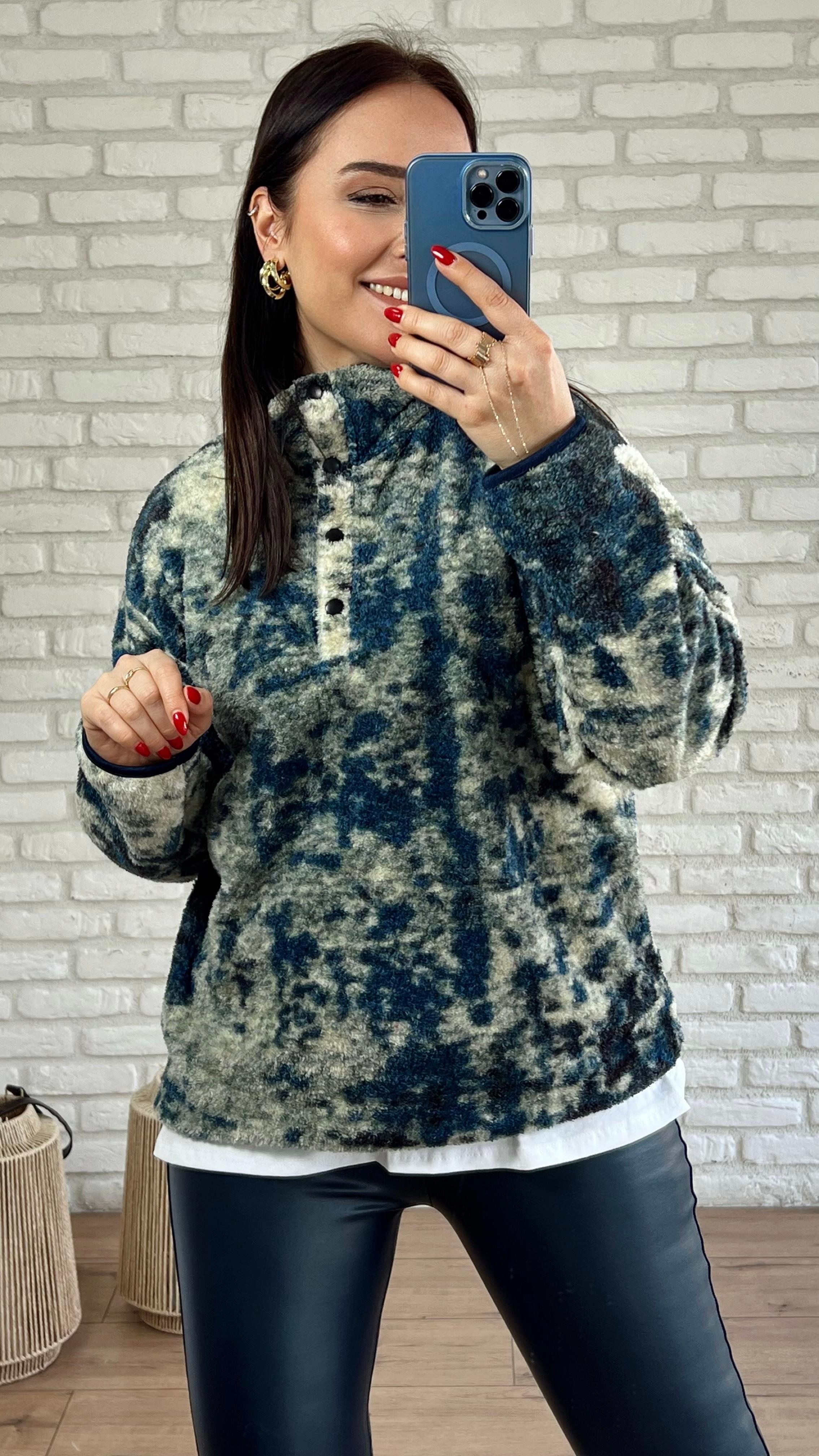Desenli Çıtçıtlı Polar Sweat YEŞİL