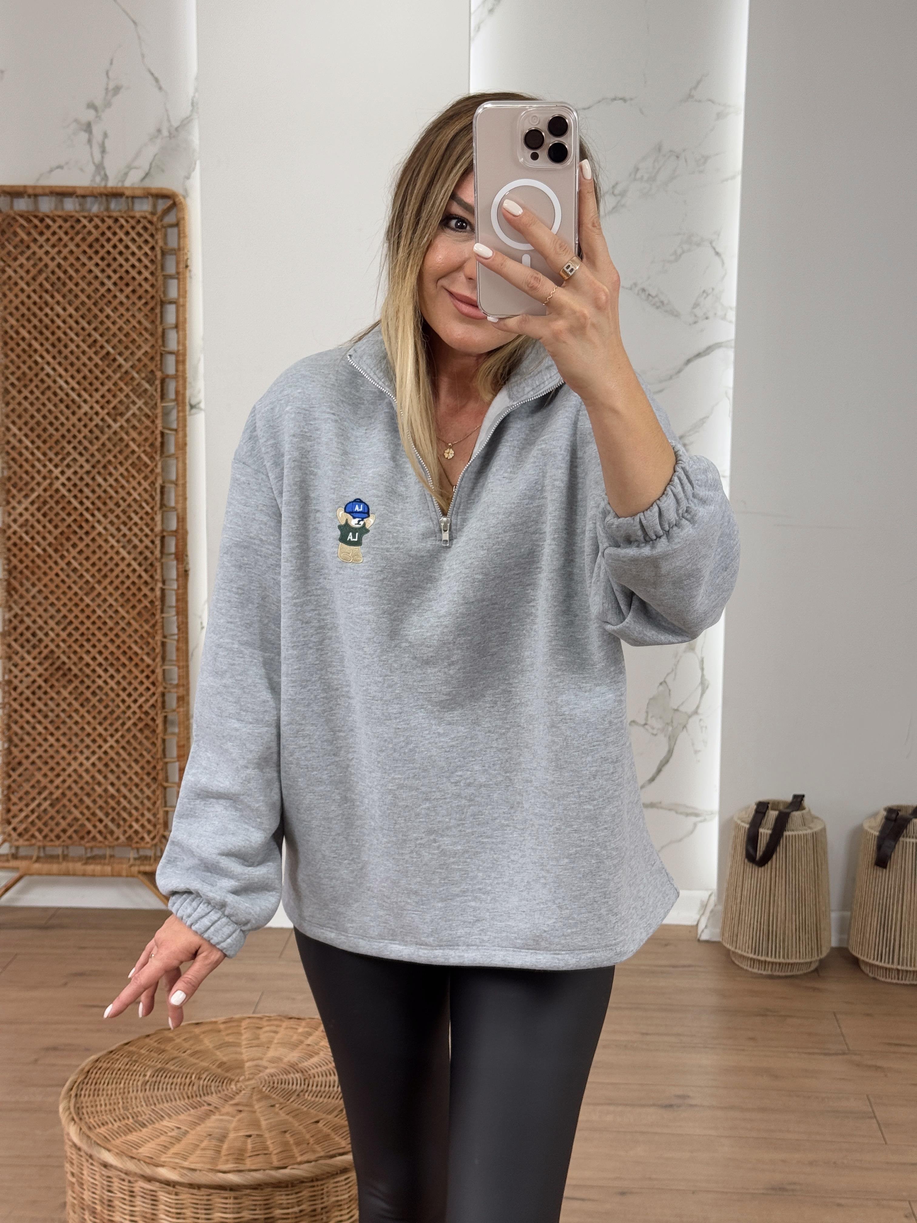 Dik Yaka Fermuarlı Teddy Nakışlı Sweat GRİ