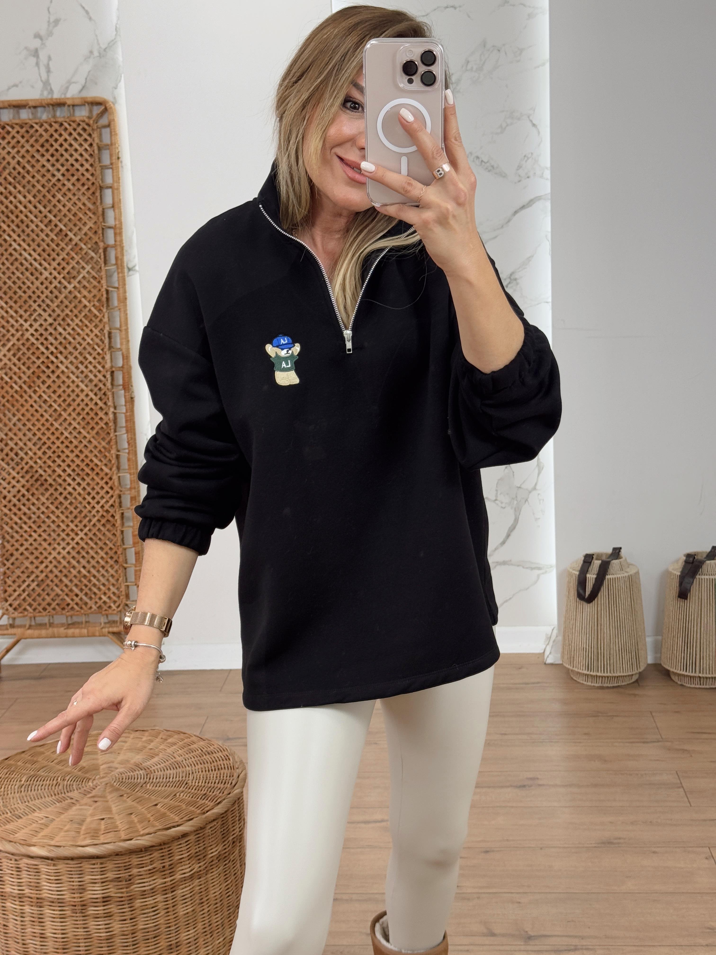 Dik Yaka Fermuarlı Teddy Nakışlı Sweat SİYAH