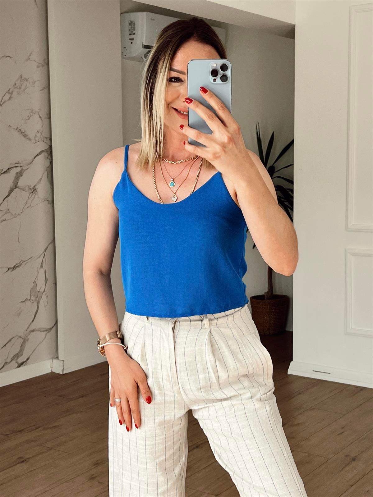 Dökümlü İp Askılı Atlet MAVİ