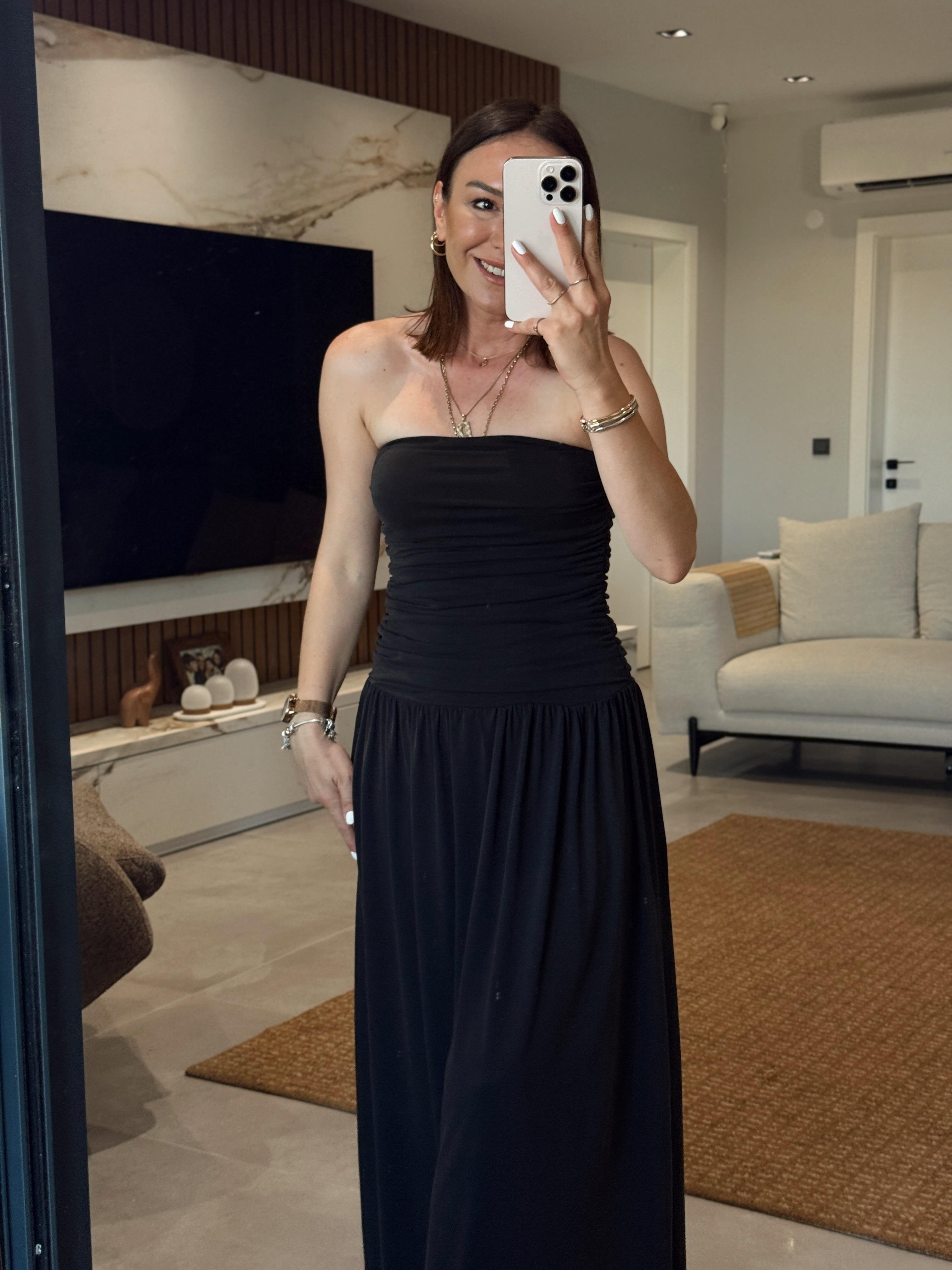 Draped Side Pleated Dress BLACK