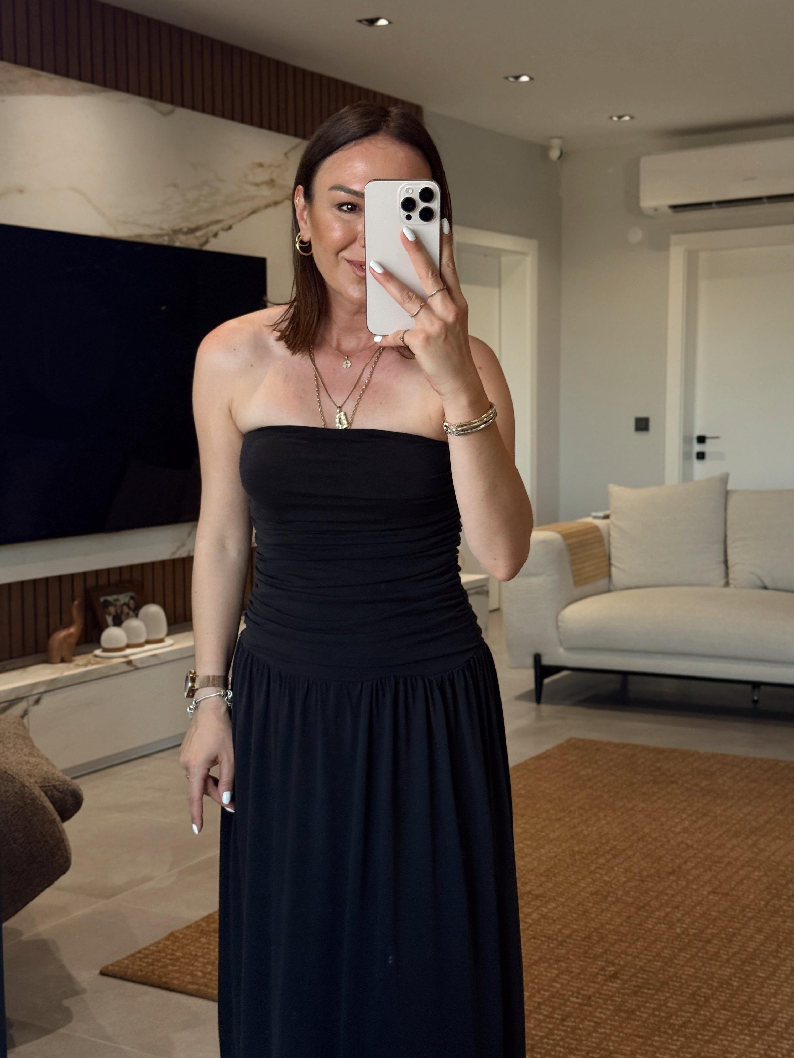 Draped Side Pleated Dress BLACK