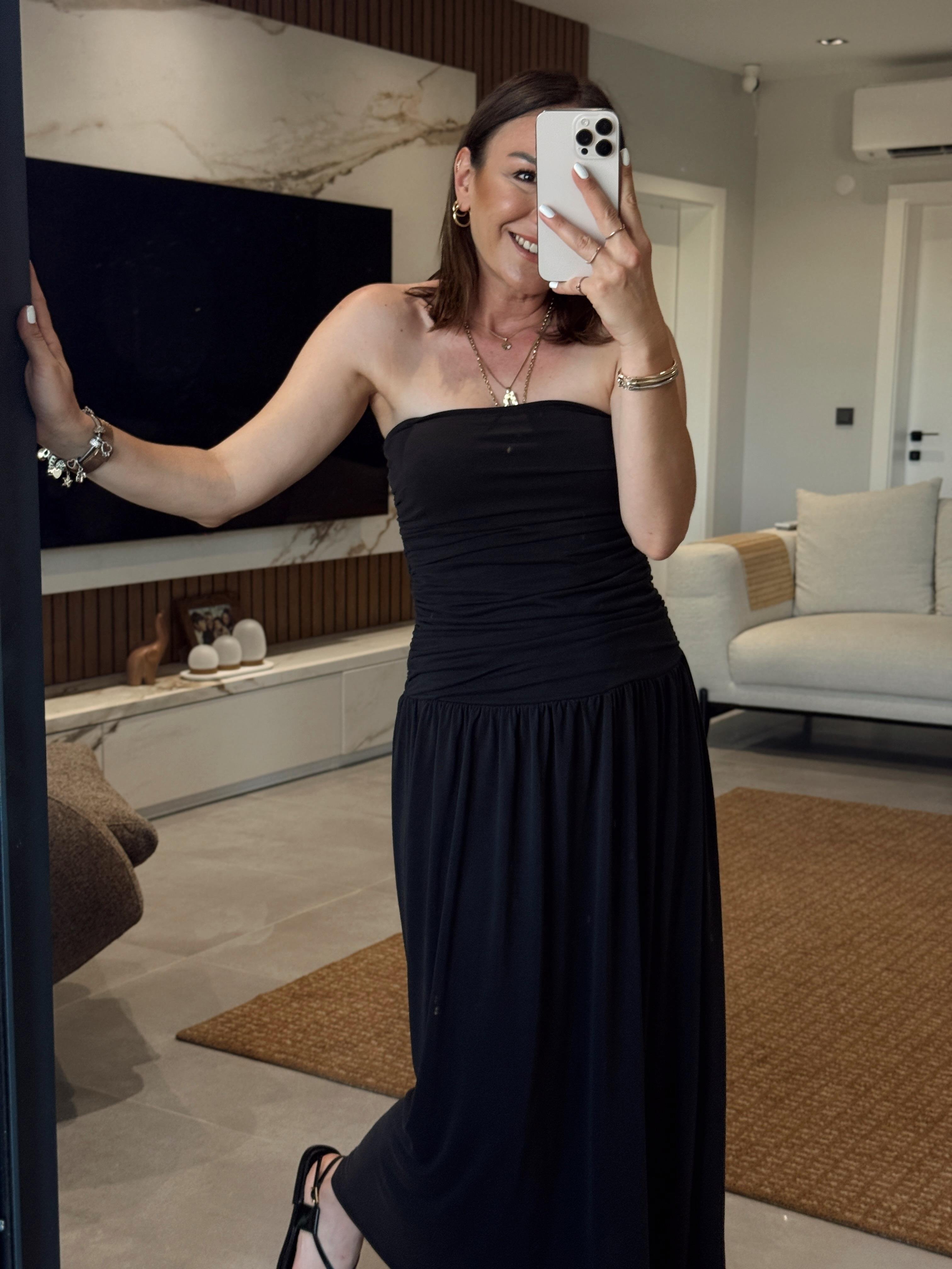 Draped Side Pleated Dress BLACK
