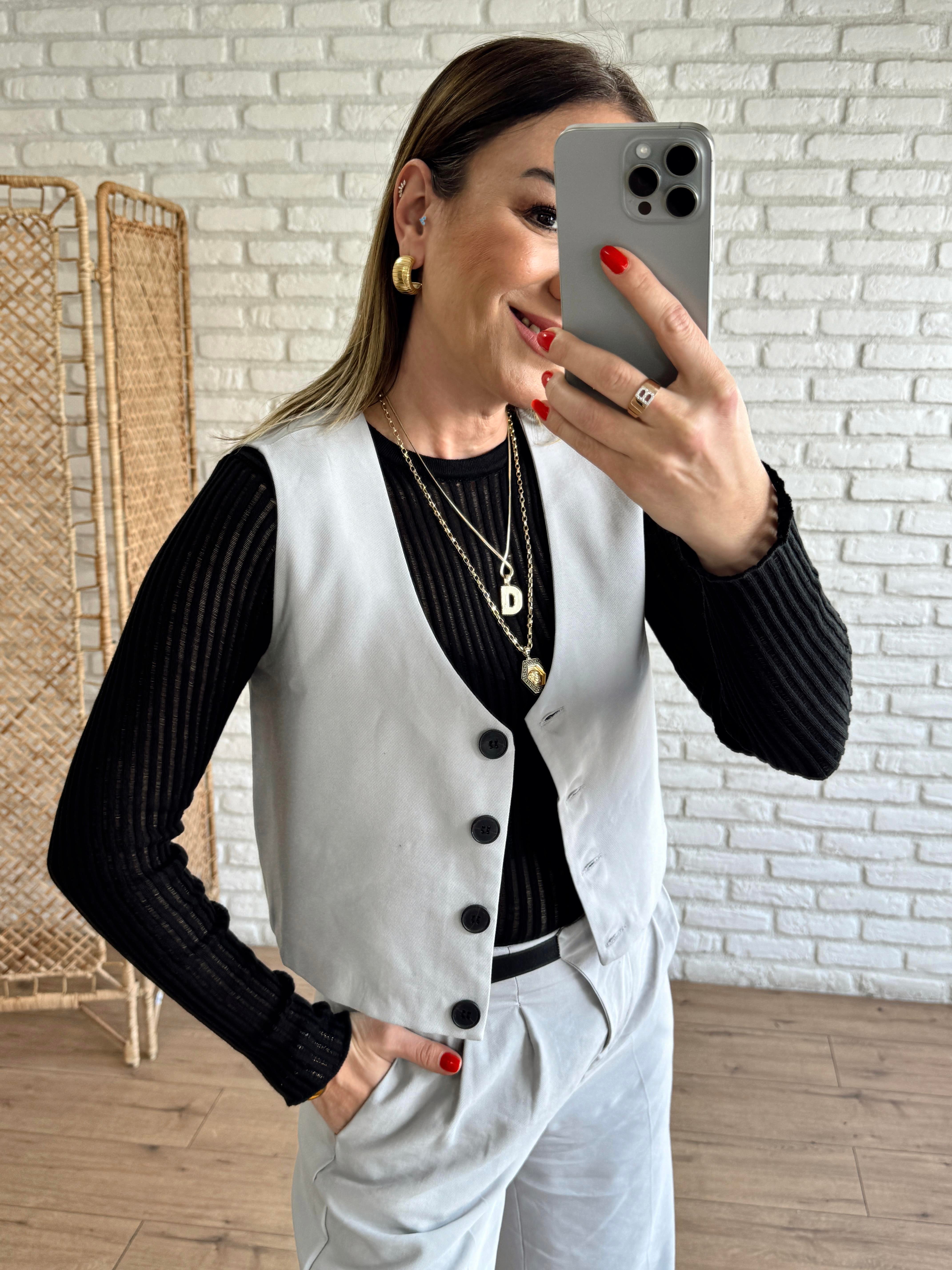 Düğmeli Dokuma Yelek GRİ