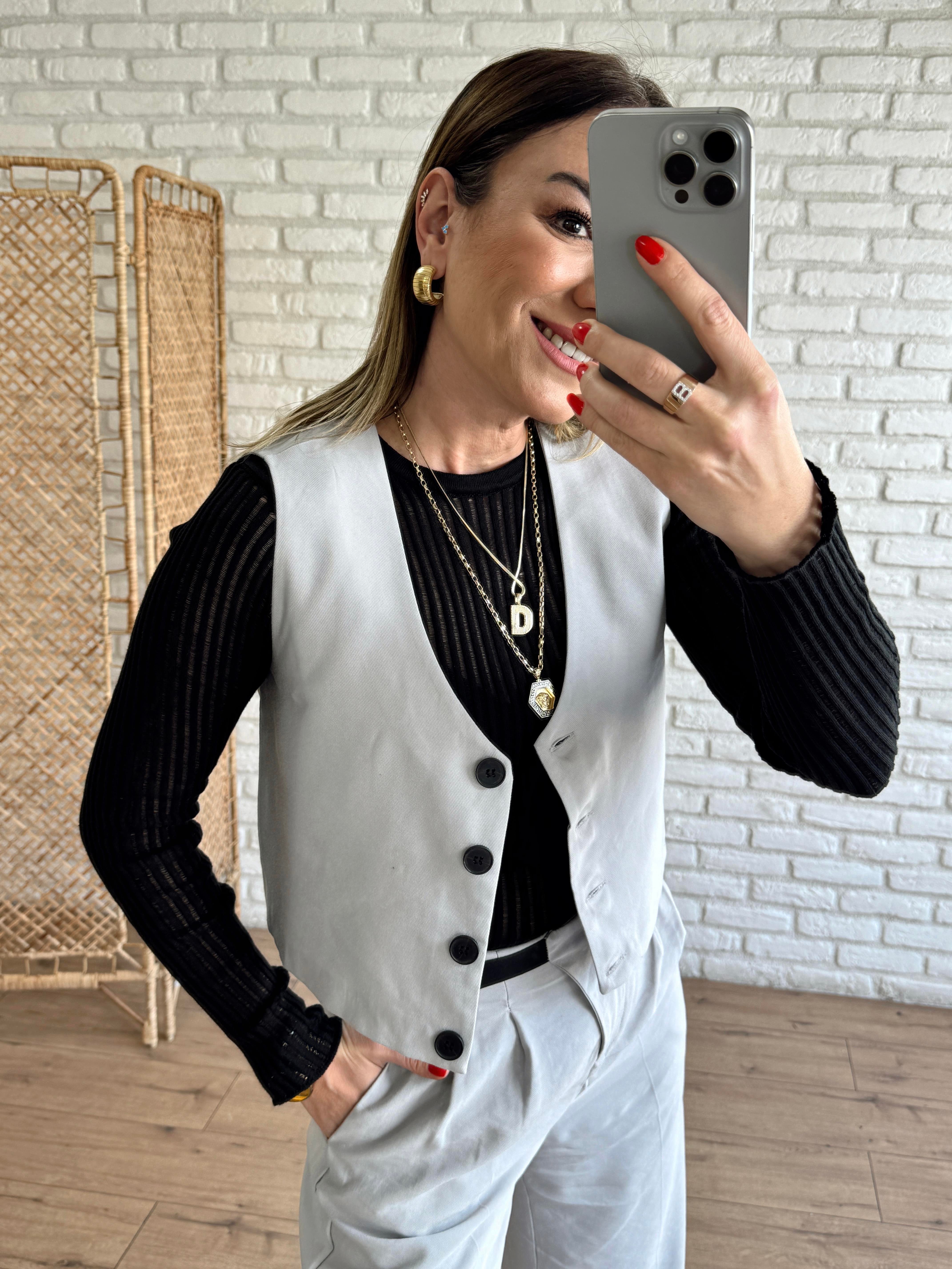 Düğmeli Dokuma Yelek GRİ