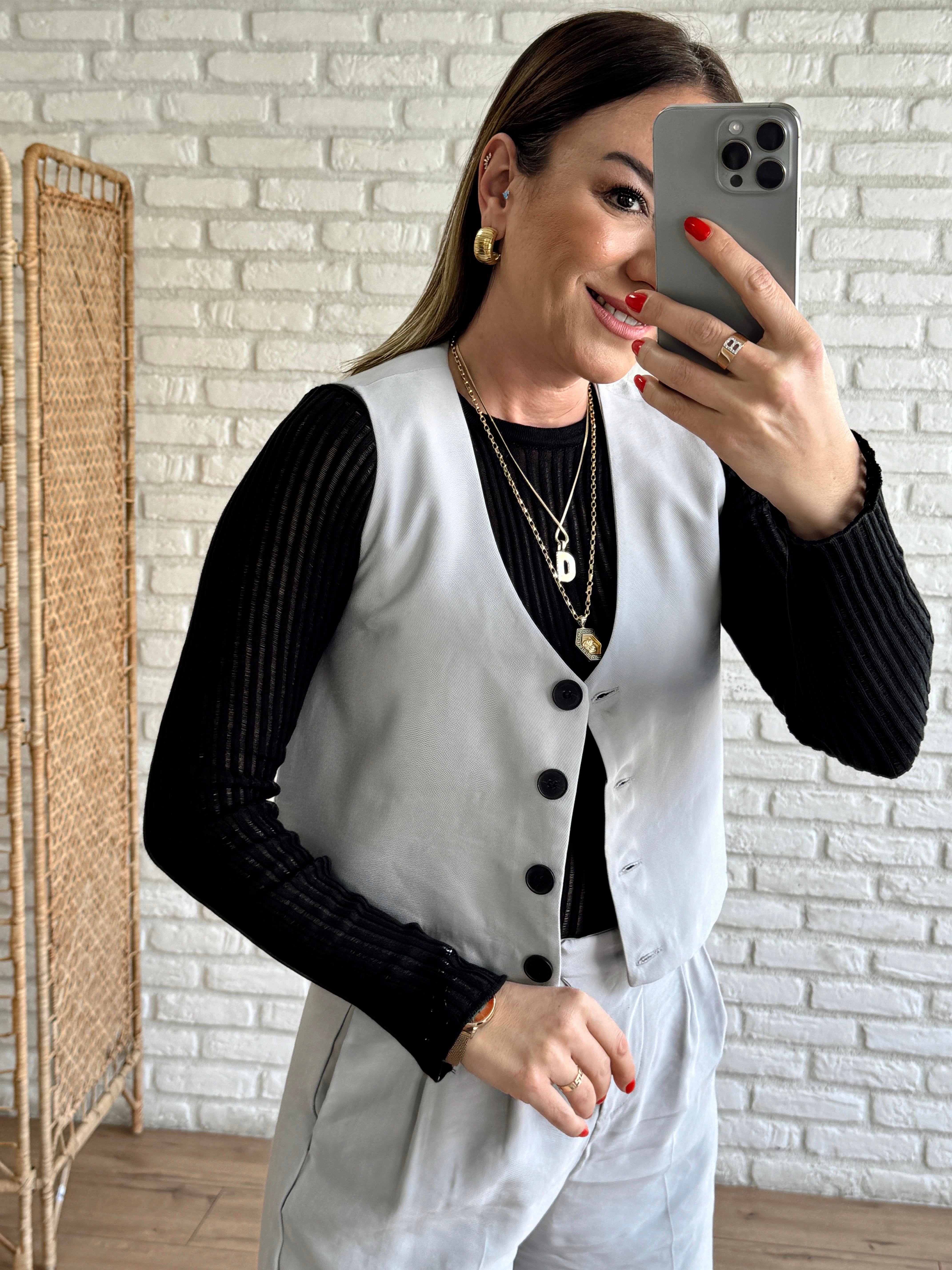 Düğmeli Dokuma Yelek GRİ