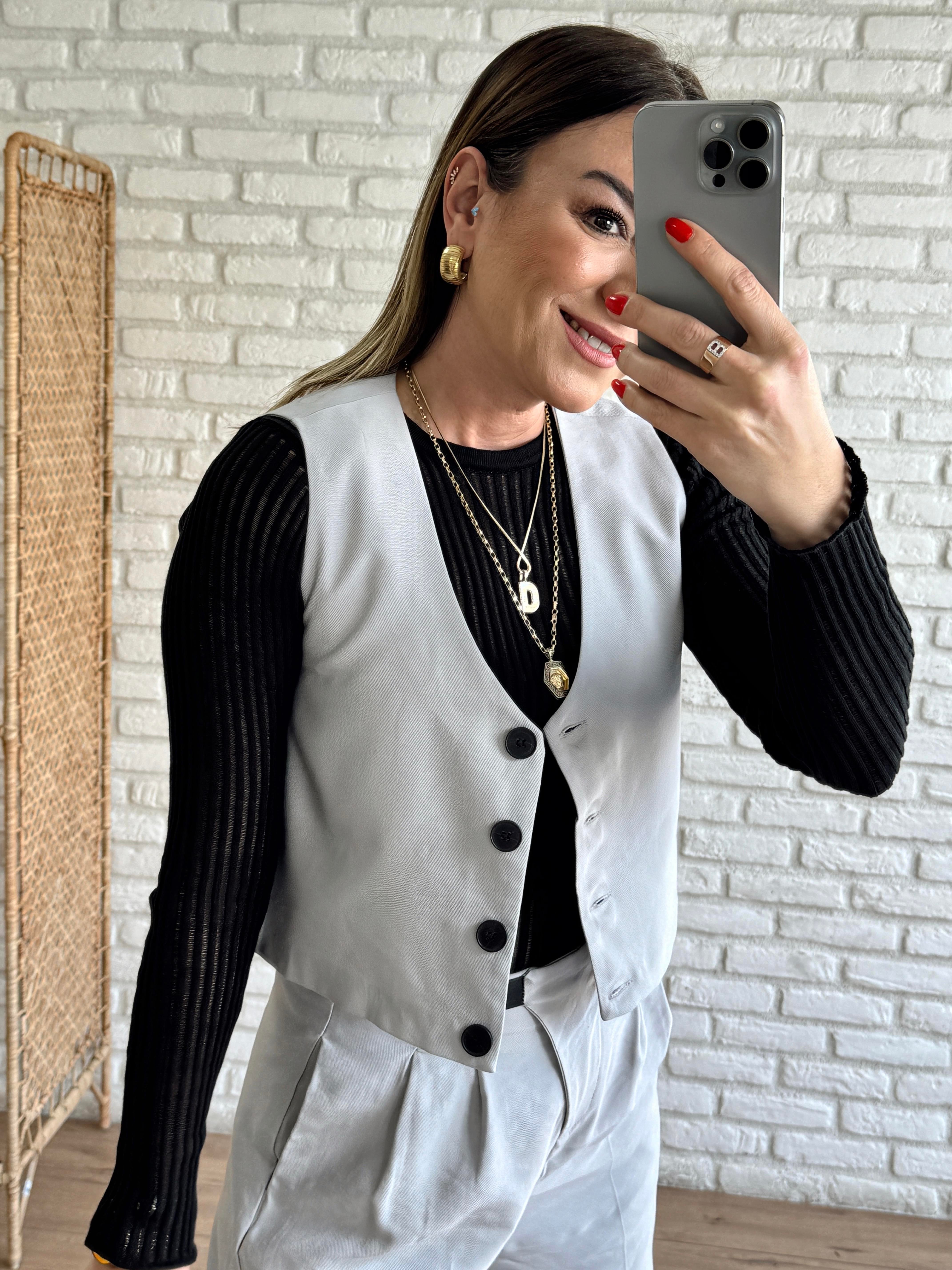 Düğmeli Dokuma Yelek GRİ