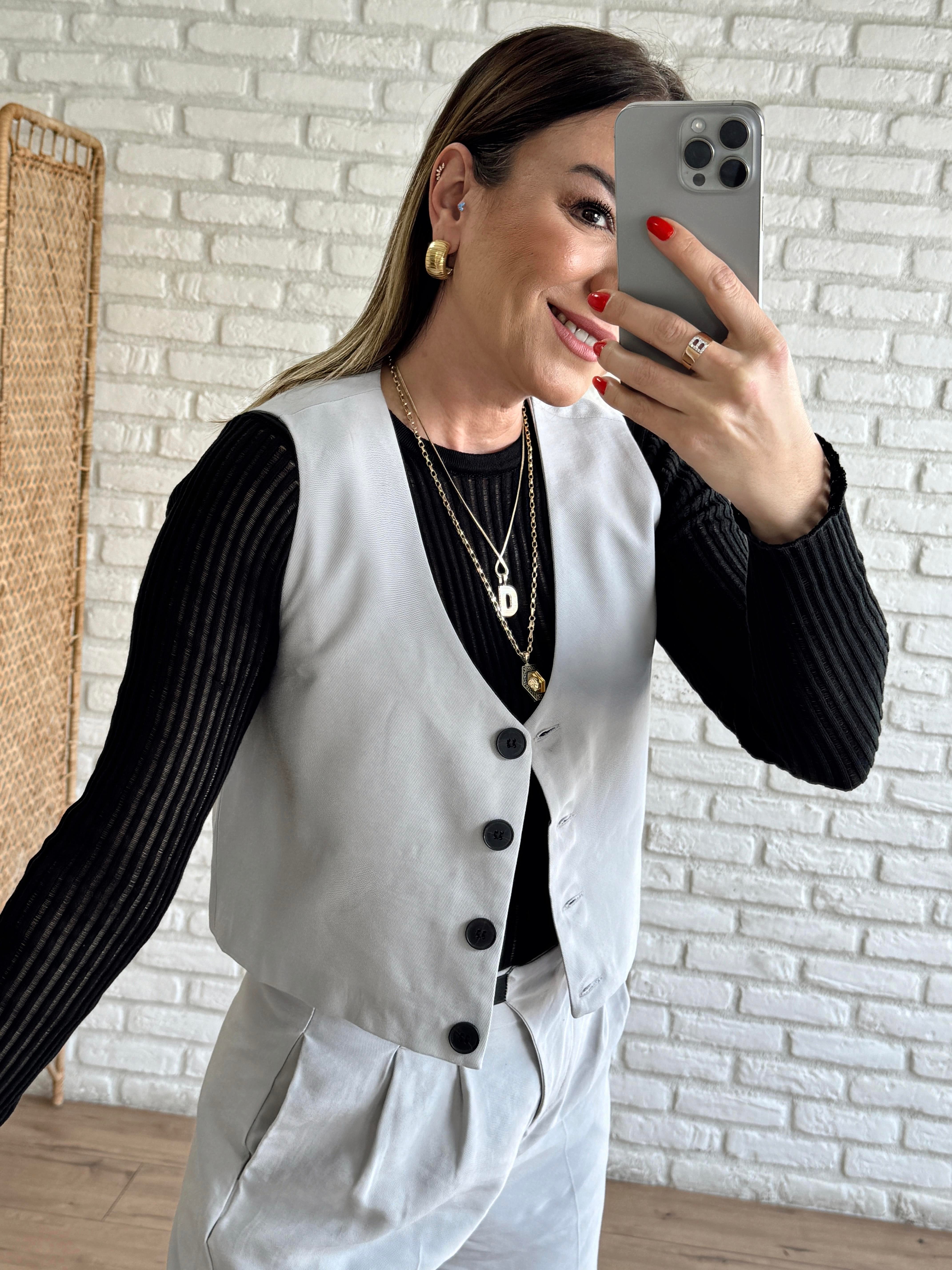 Düğmeli Dokuma Yelek GRİ