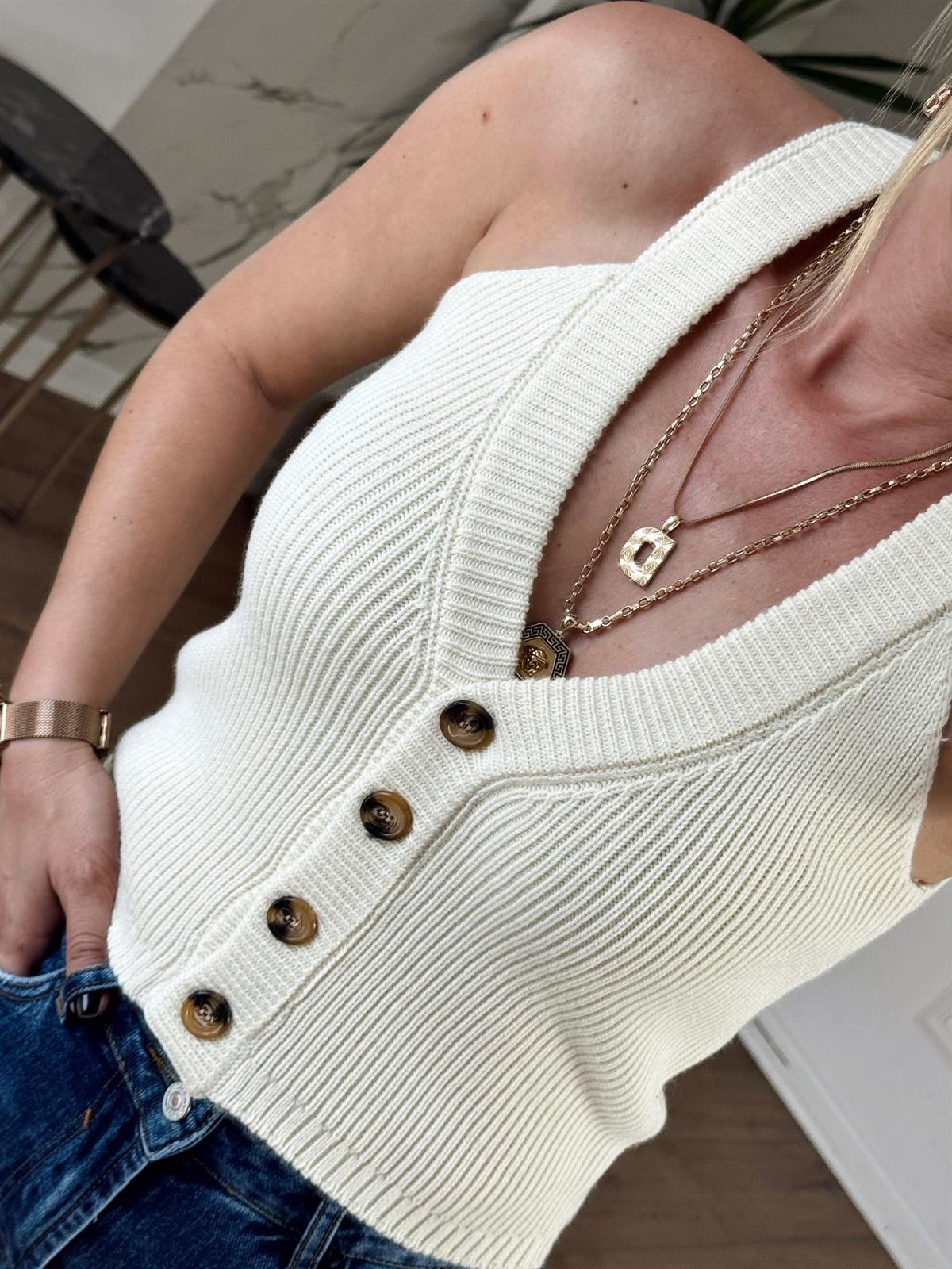 Düğmeli Örme Yelek EKRU