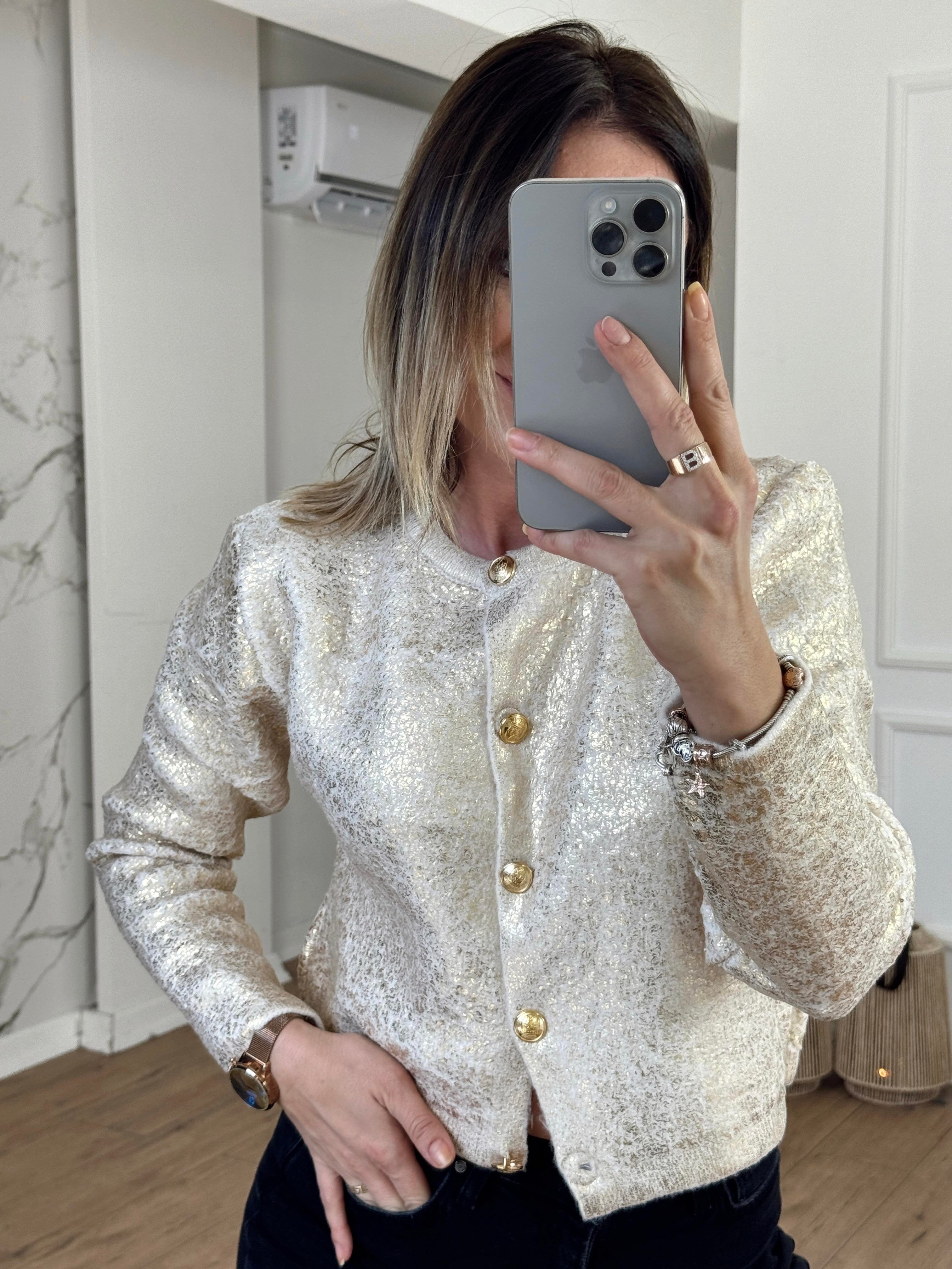 Düğmeli Varaklı Hırka GOLD