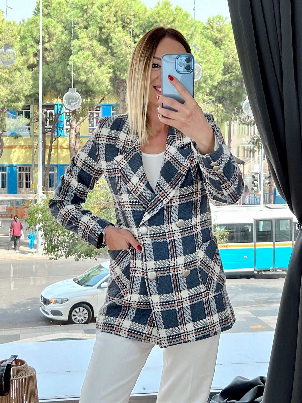 Ekose Torba Cep Blazer Ceket Gri