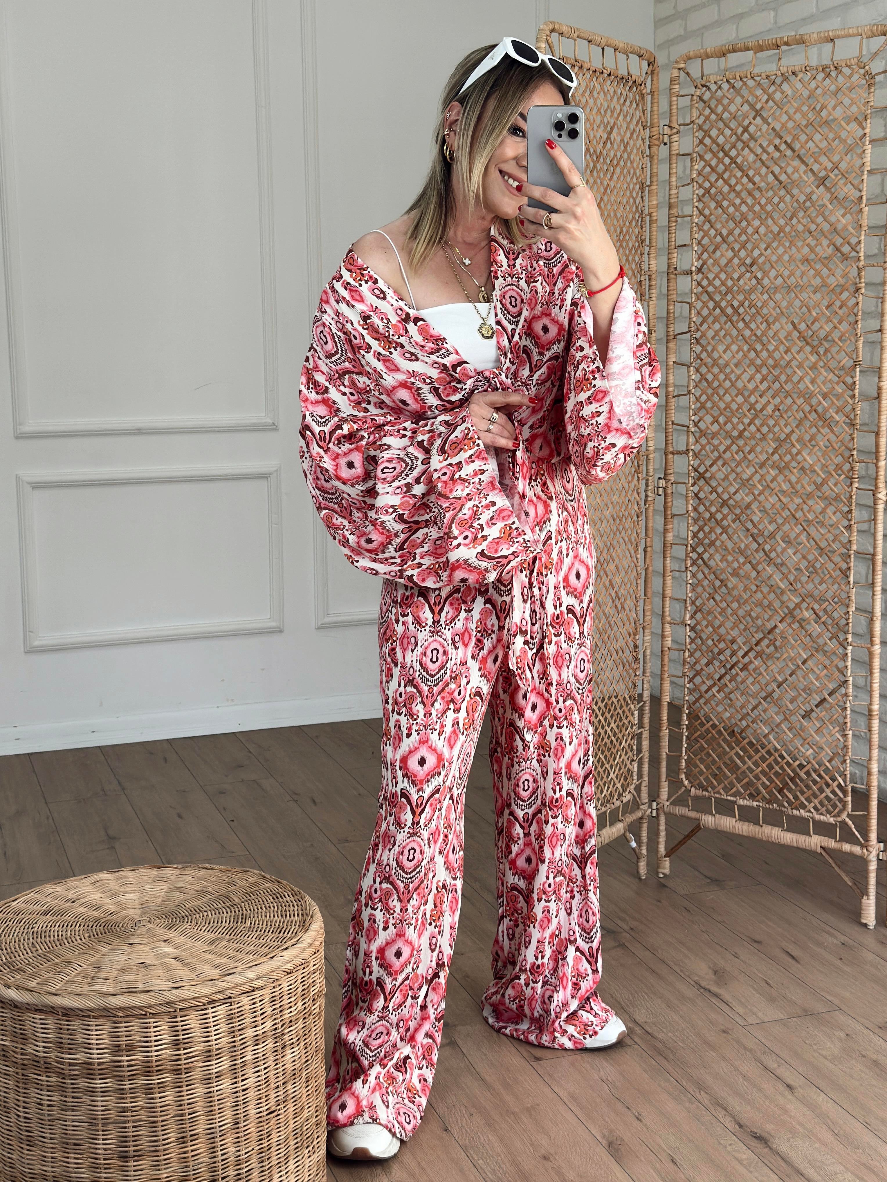 Etnik Desenli Crop Kimono KIRMIZI