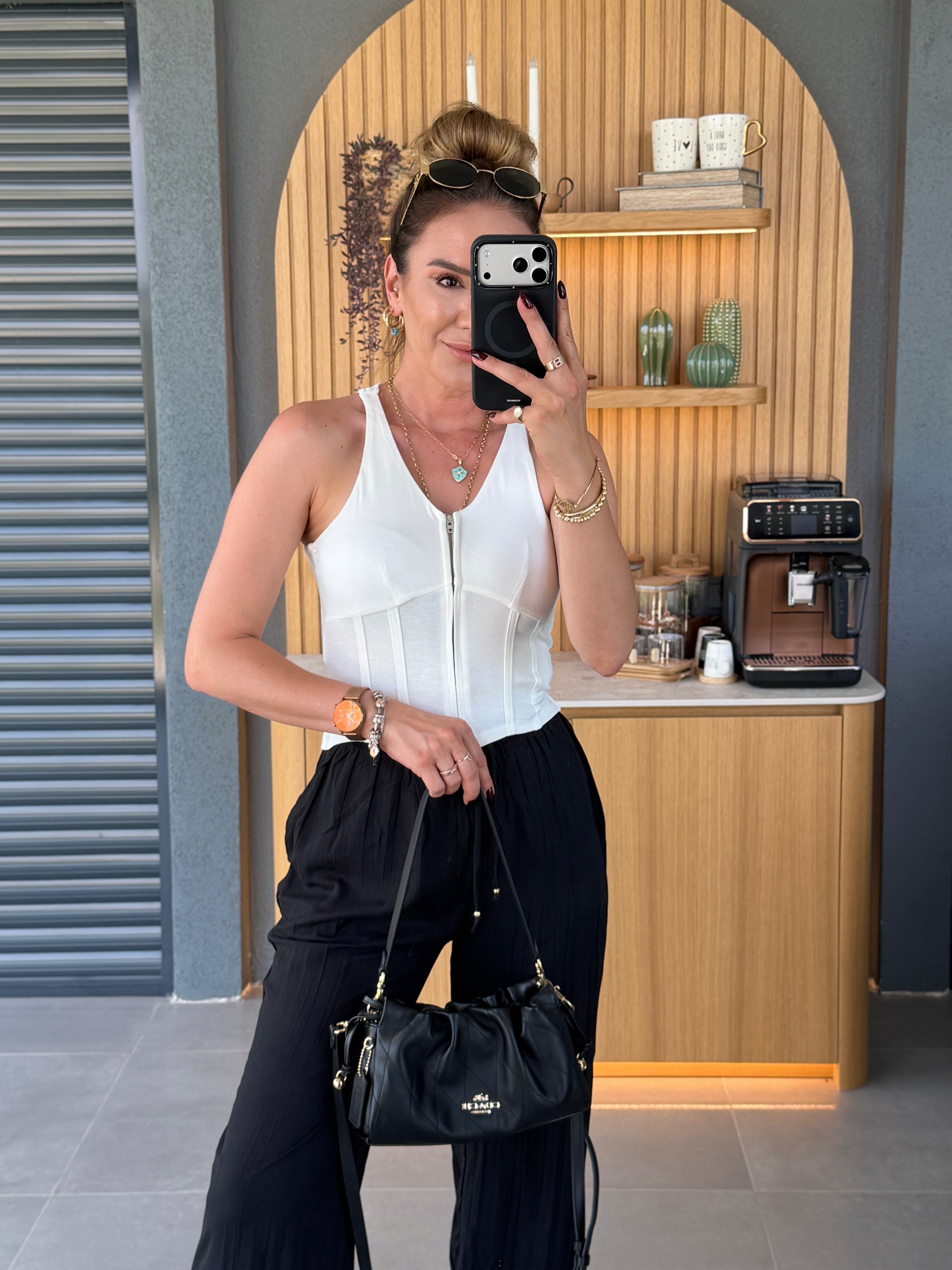 Fermuarlı Halter Yaka Korse Bluz EKRU