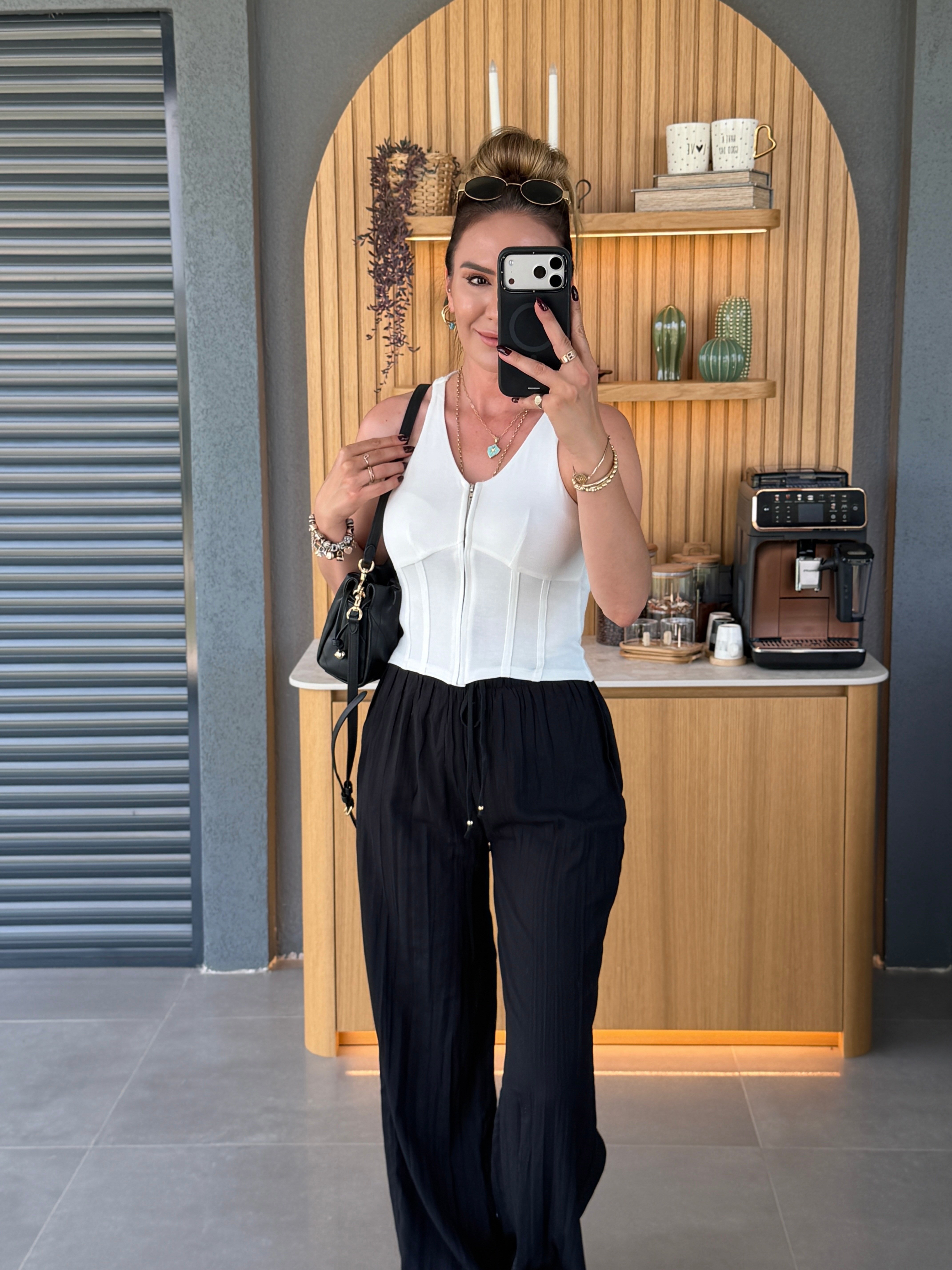 Fermuarlı Halter Yaka Korse Bluz EKRU