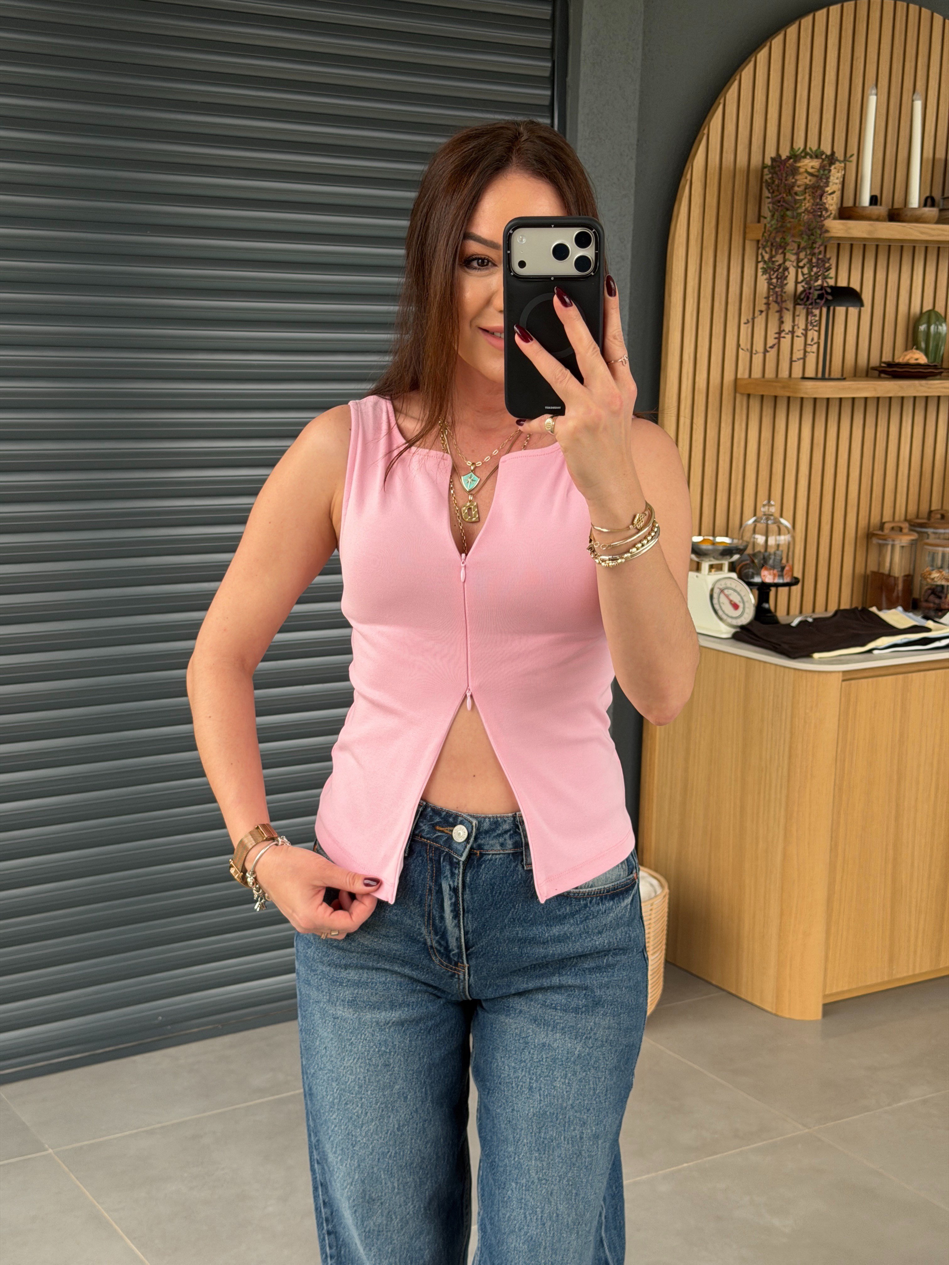 Fermuarlı Kolsuz Body PEMBE