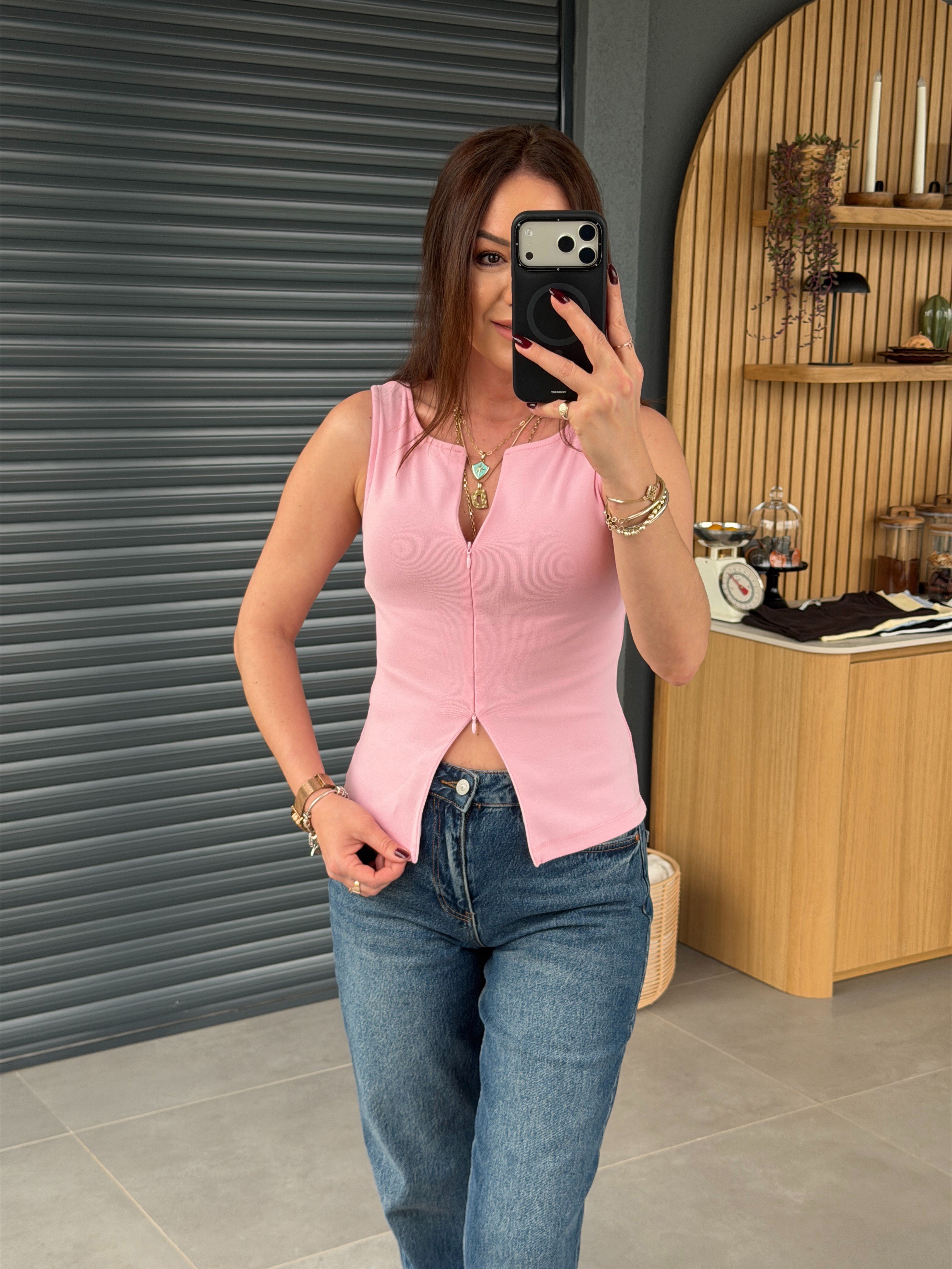 Fermuarlı Kolsuz Body PEMBE