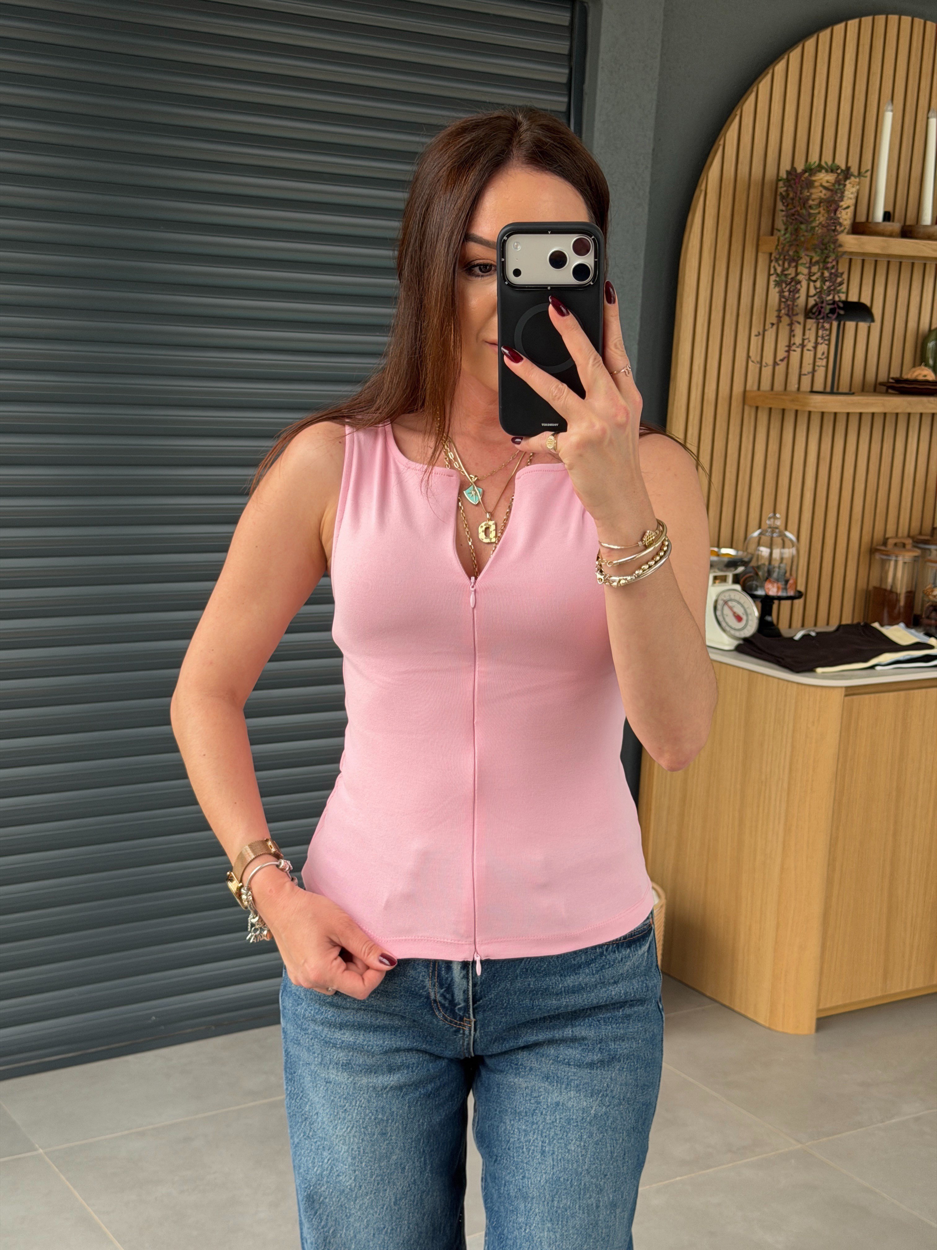 Fermuarlı Kolsuz Body PEMBE
