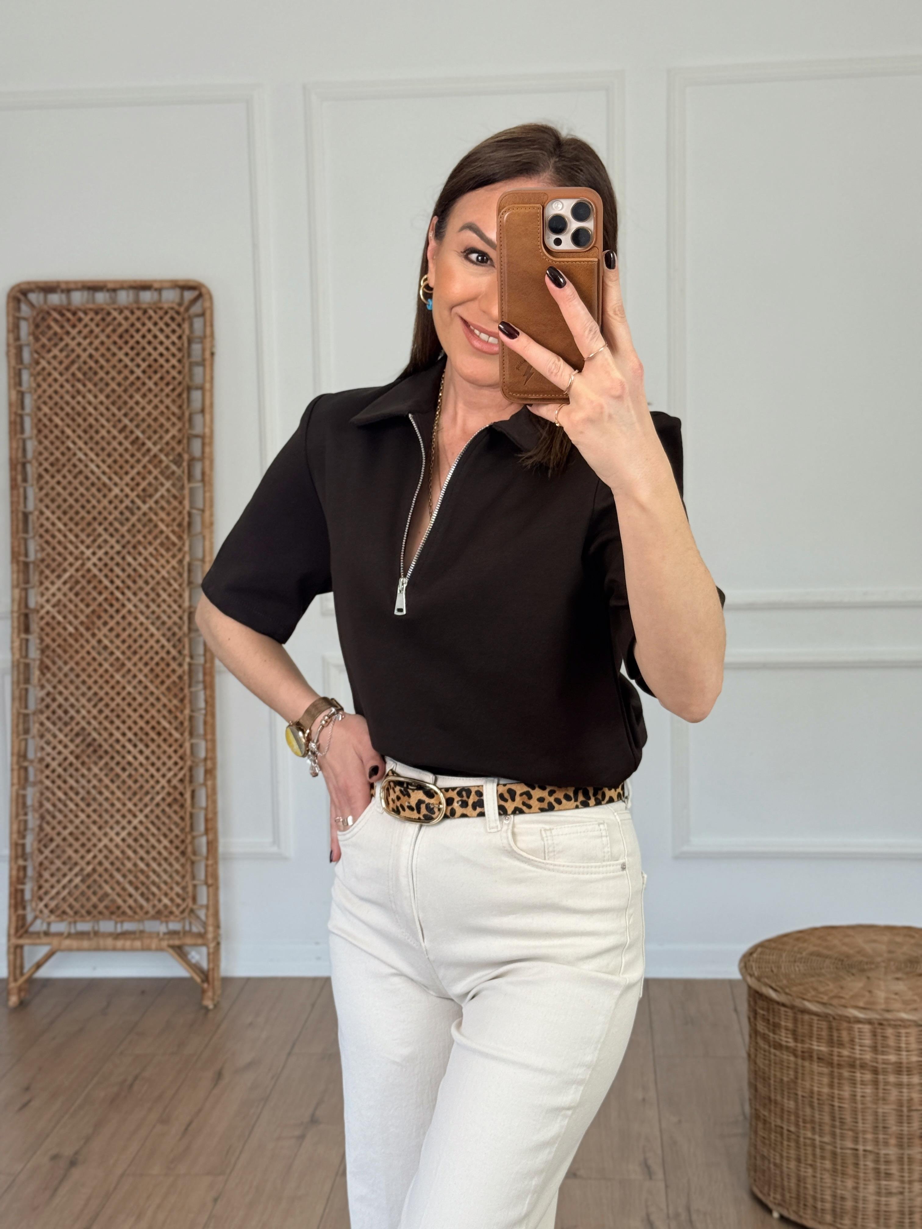Fermuarlı Vatkalı Polo Yaka Tshirt KAHVE