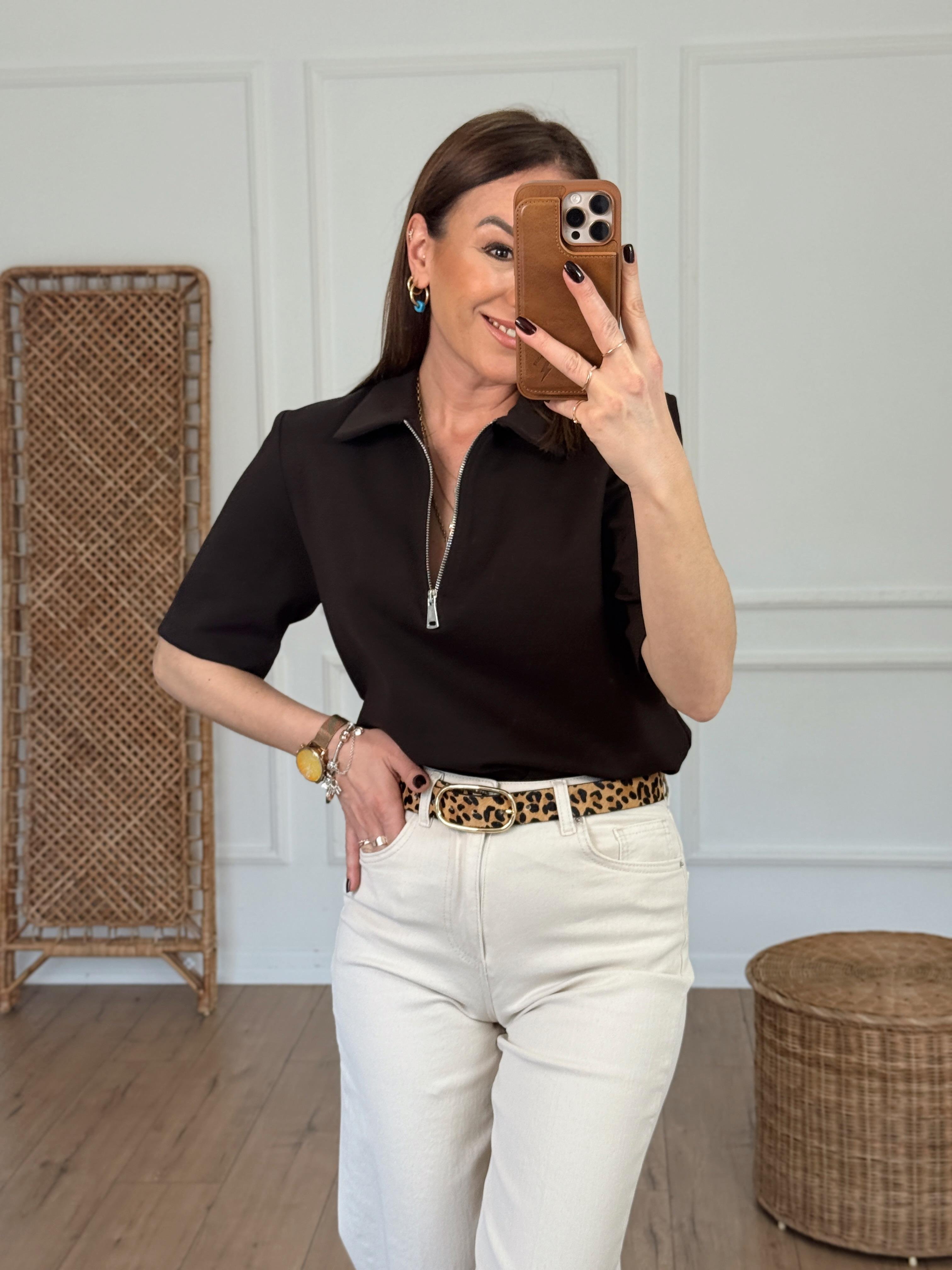 Fermuarlı Vatkalı Polo Yaka Tshirt KAHVE