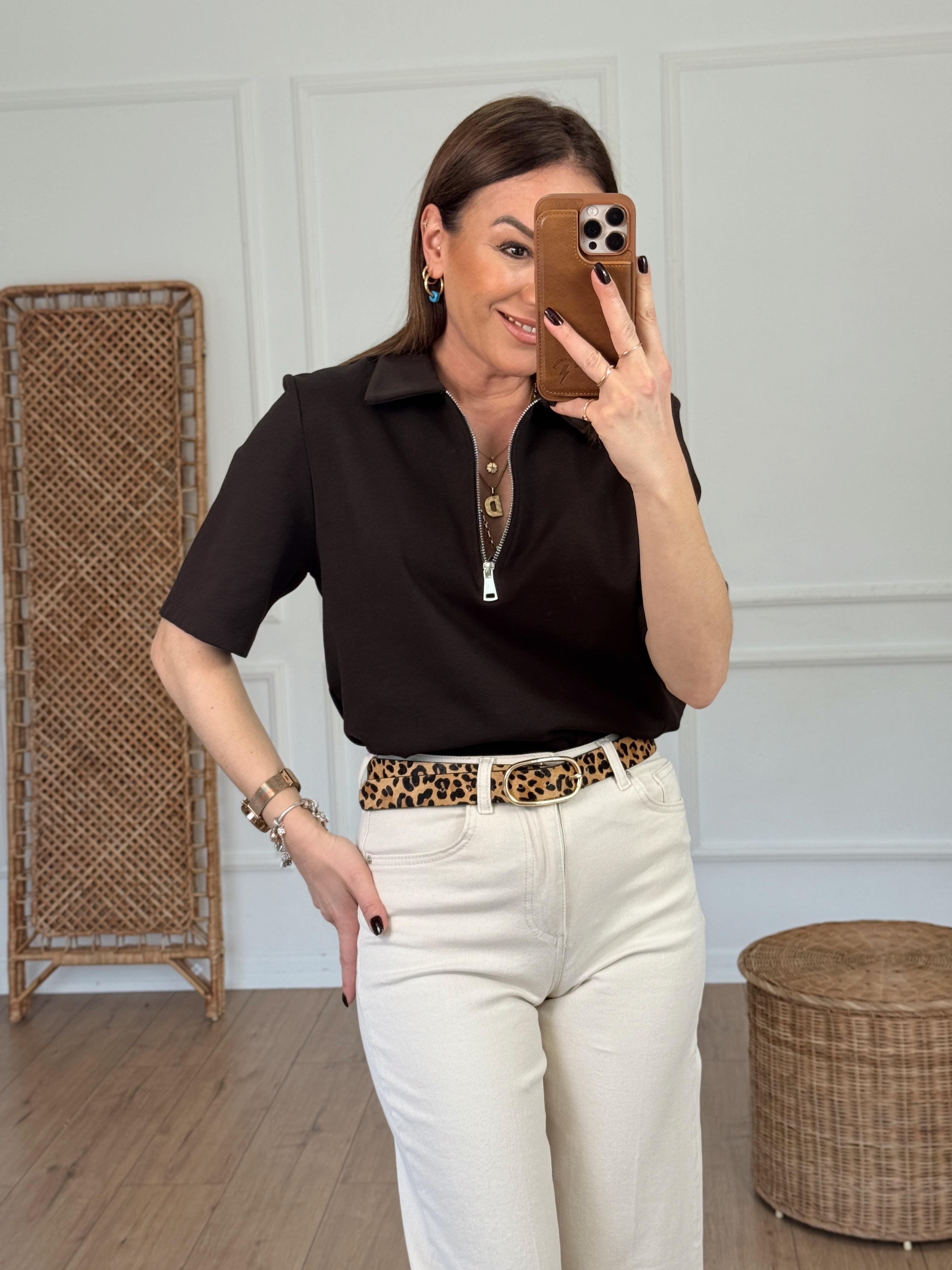 Fermuarlı Vatkalı Polo Yaka Tshirt KAHVE