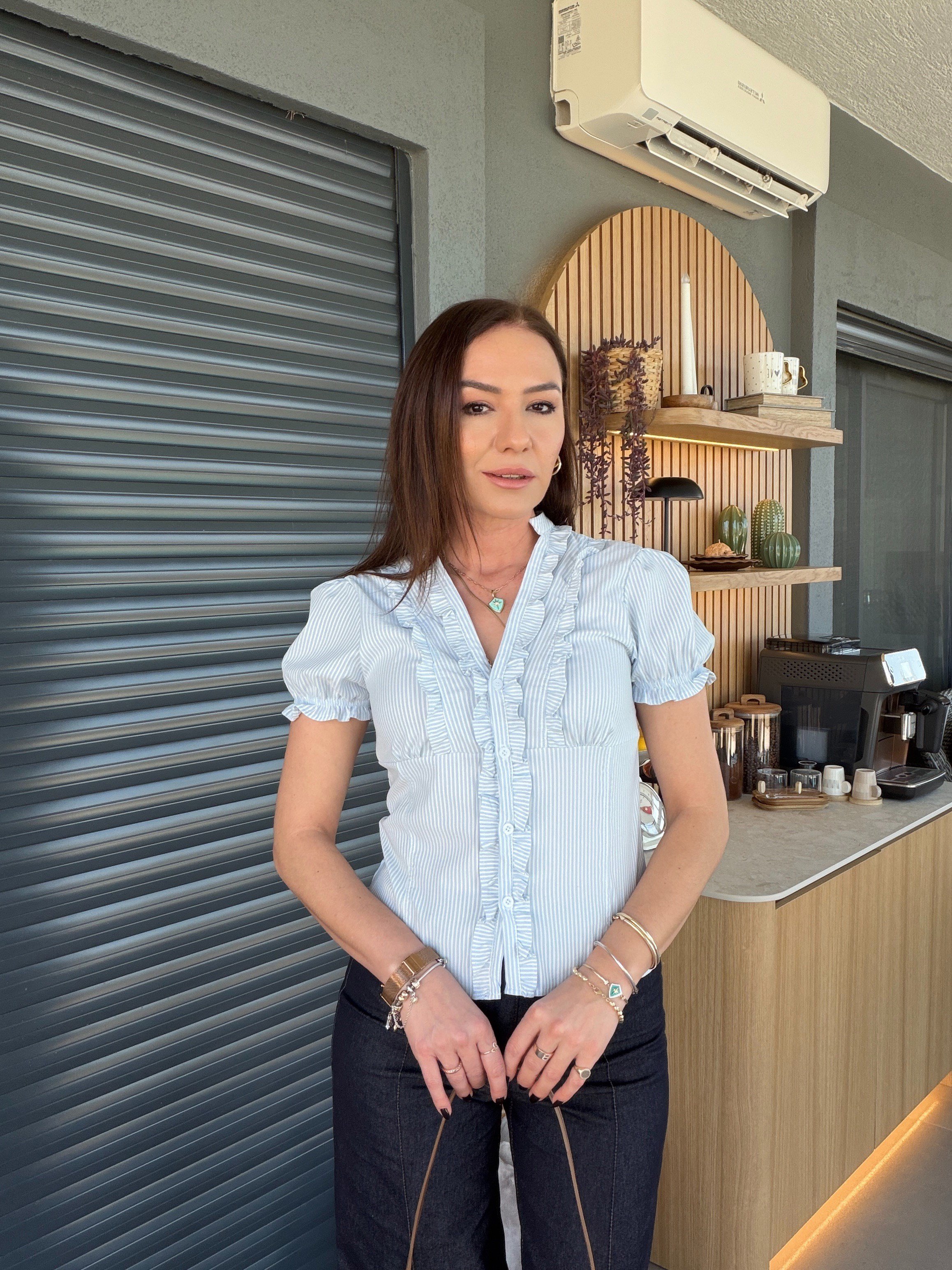 Fırfırlı Çizgili Poplin Gömlek MAVİ