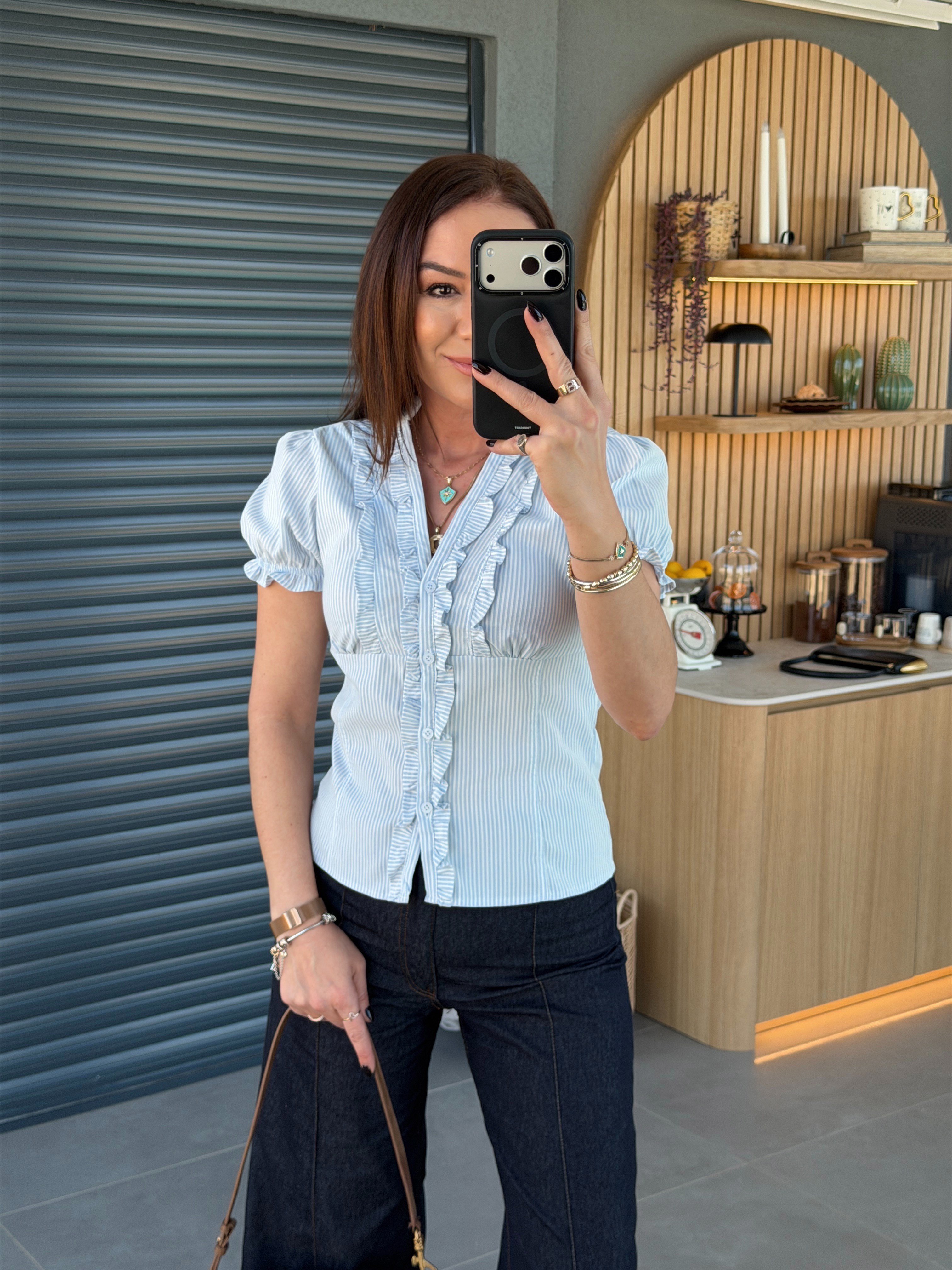 Fırfırlı Çizgili Poplin Gömlek MAVİ