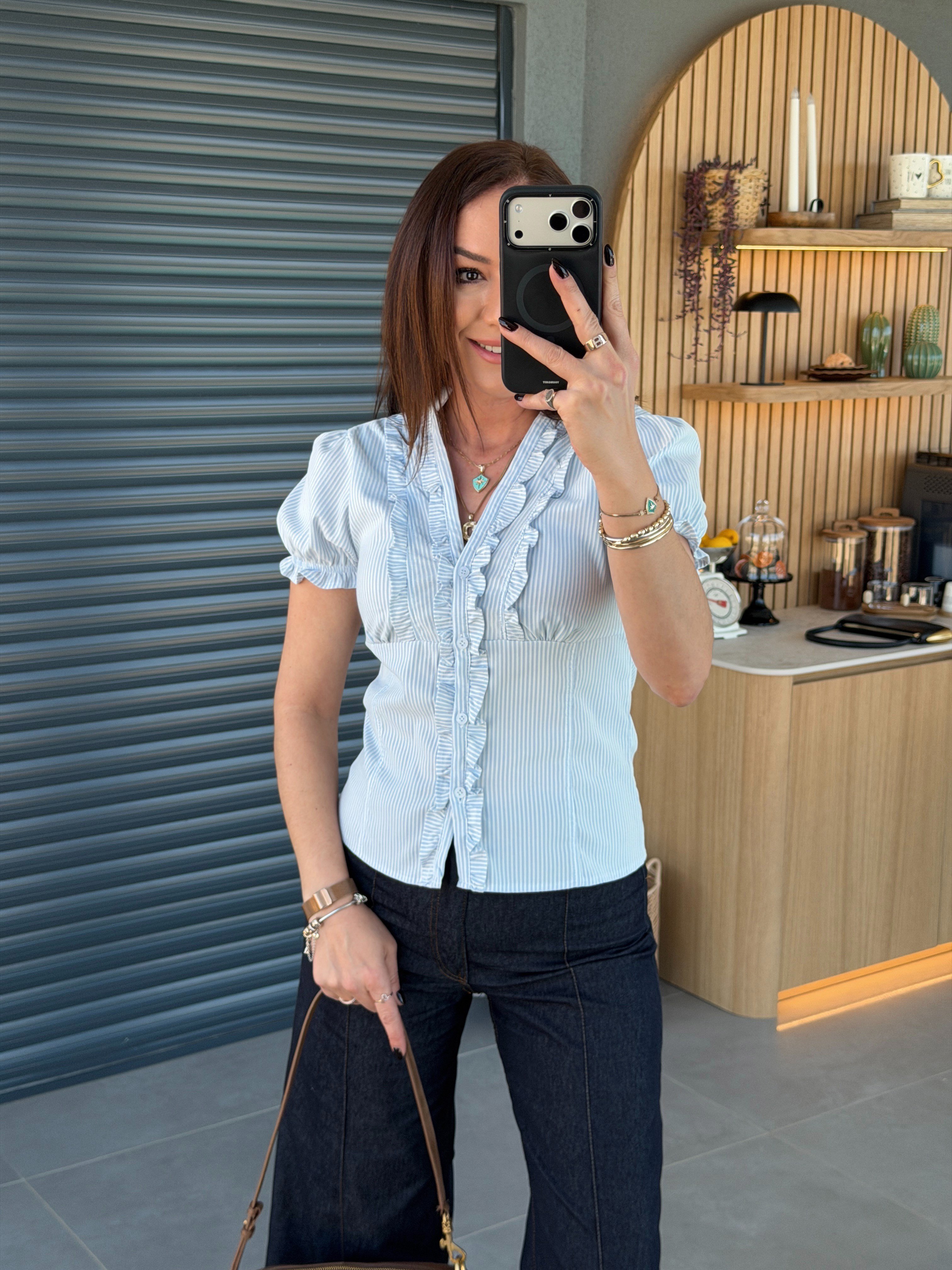 Fırfırlı Çizgili Poplin Gömlek MAVİ