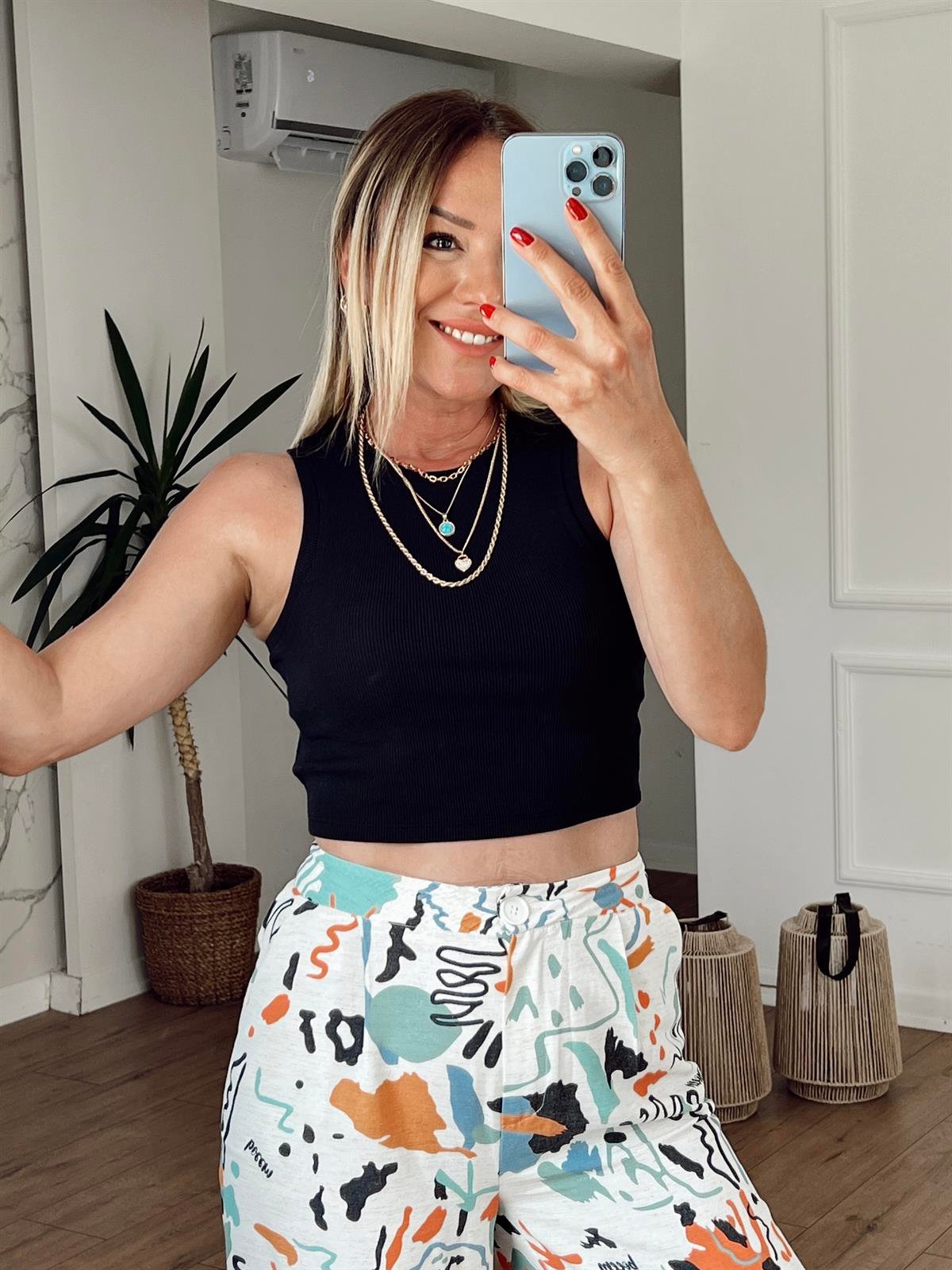 Fitilli Halter Yaka Crop SİYAH