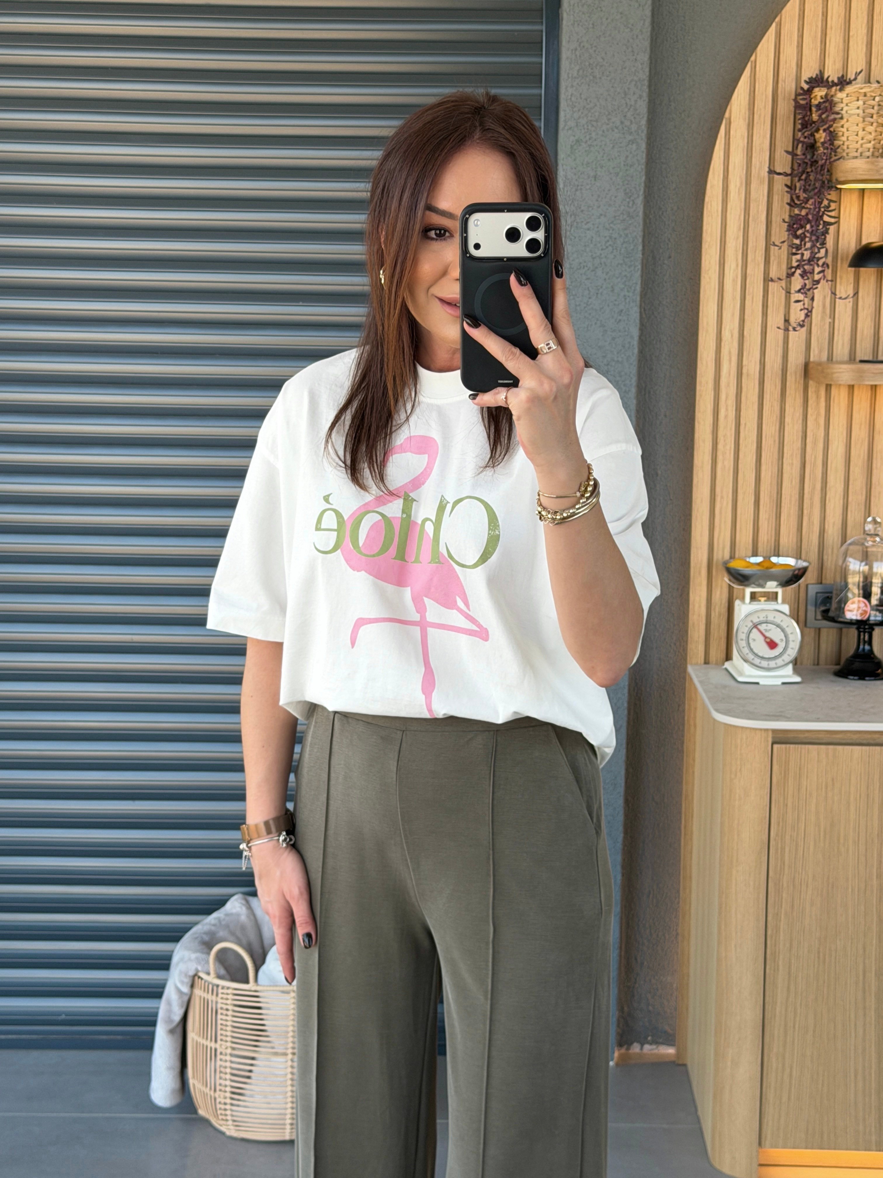 Flamingo Baskılı Tshirt EKRU