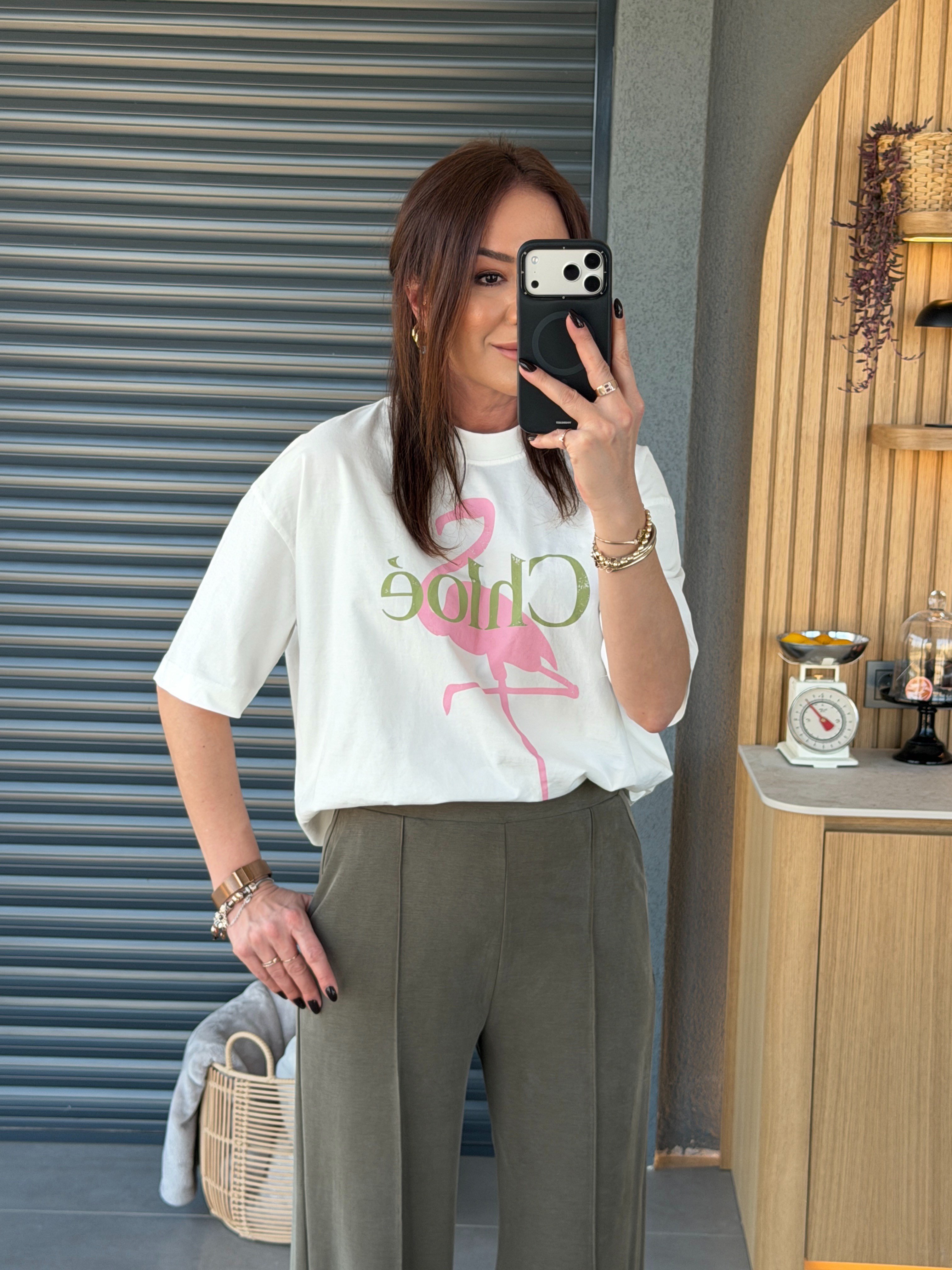 Flamingo Baskılı Tshirt EKRU