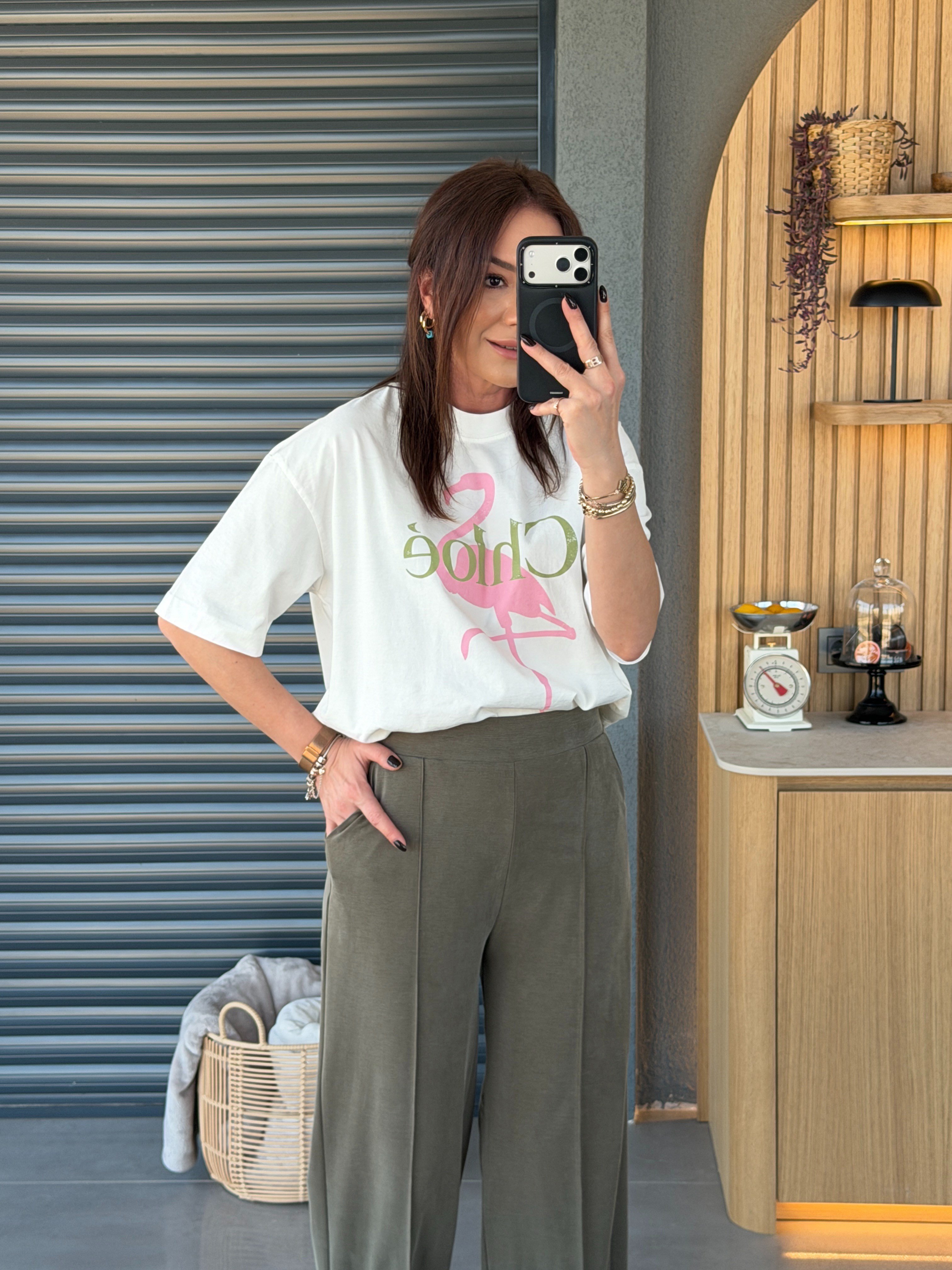 Flamingo Baskılı Tshirt EKRU