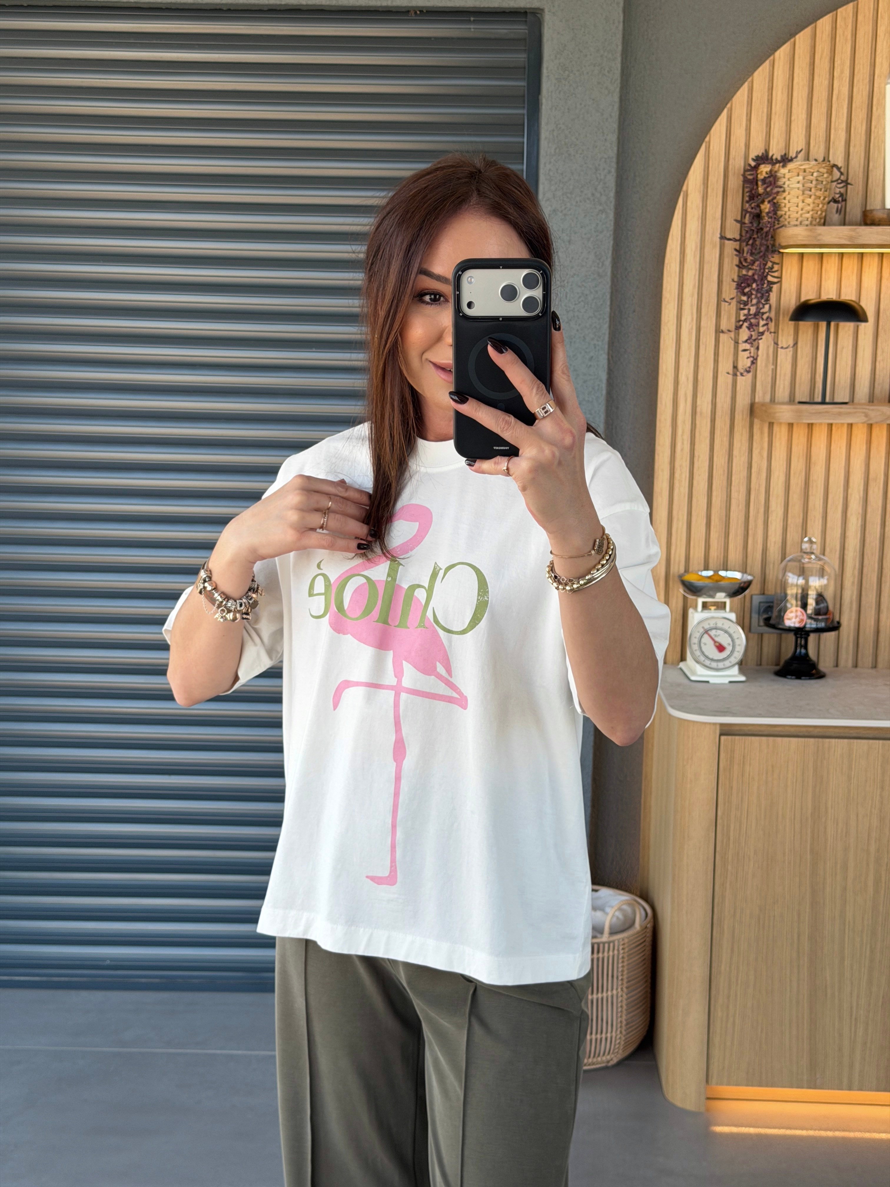 Flamingo Baskılı Tshirt EKRU